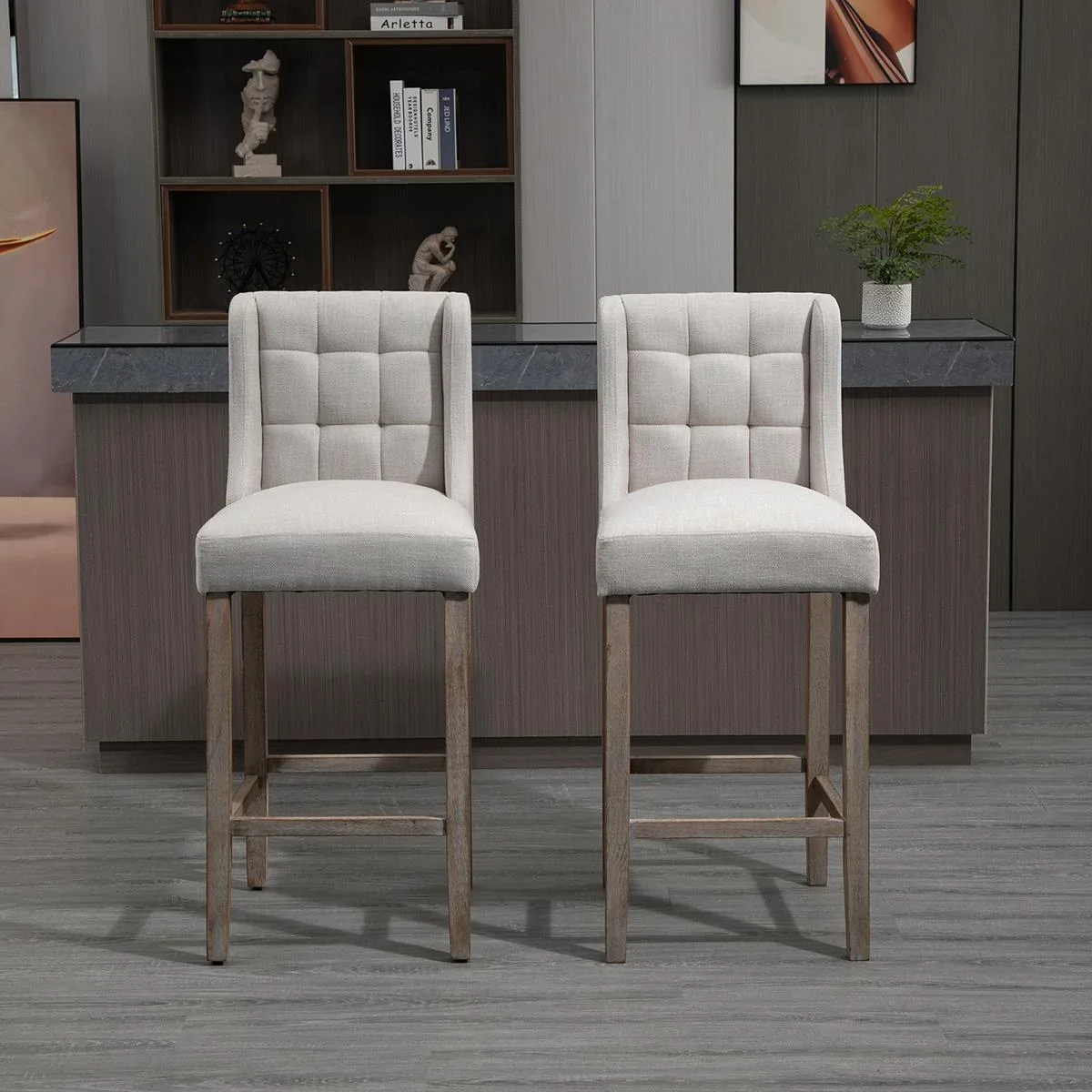 2er-Set Barhocker moderne Küchenstühle Barstühle für Küche mit niedriger Rückenlehne Leinen-Touch Gummiholz Beige 47 x 5 - 1