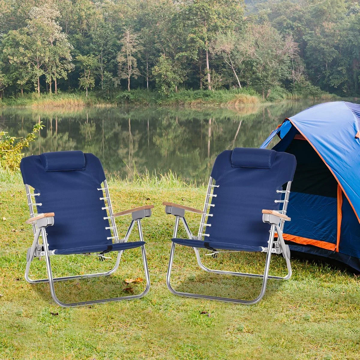 2-er Set Campingstuhl Klappstuhl Gartenstuhl mit Armlehnen Strand Balkon faltbar Metall Oxfordstoff Blau 69 x 62 x 73,5 - 2