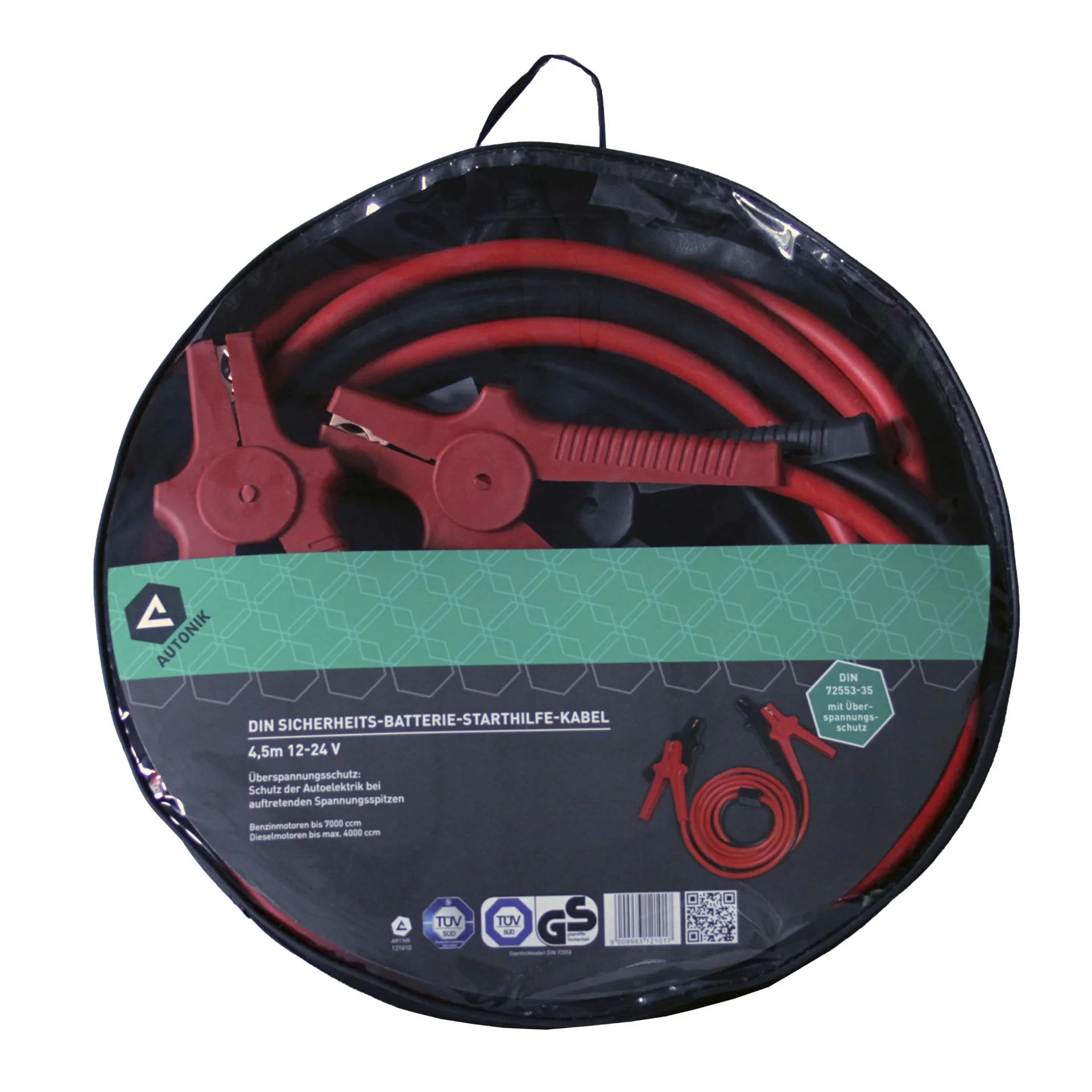 Starthilfekabel DIN 35 mm² - mit Überspannungsschutz - 4,5 Meter - 12 / 24 Volt, für Ottomotoren 12 Volt/24 Volt bis 7000 cm³, für Dieselmotoren 12 Volt/24 Volt bis 4000 cm³ - 0