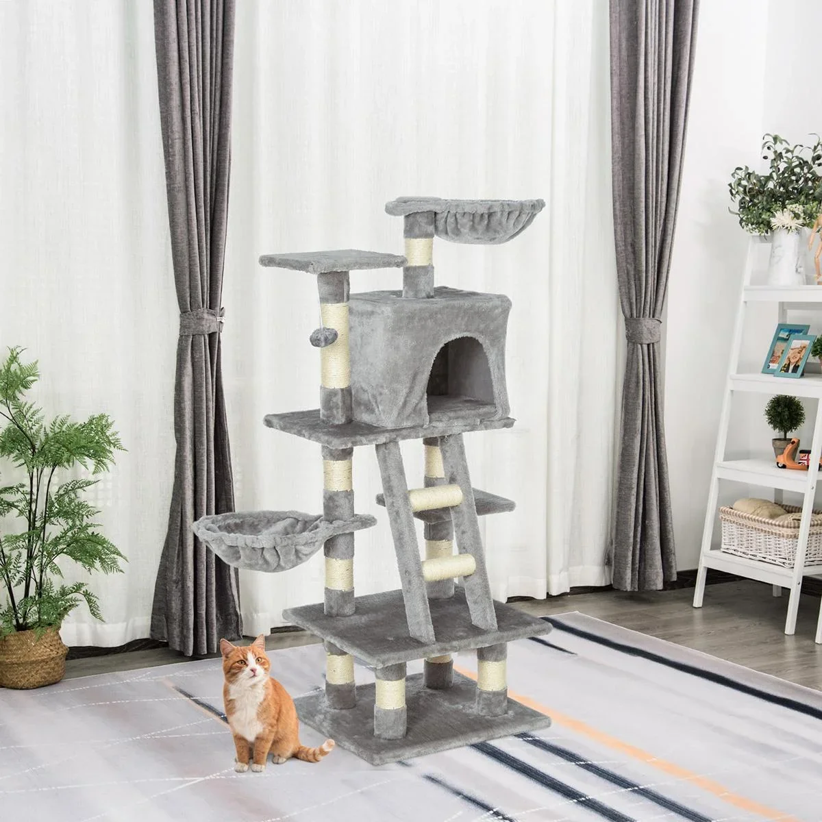 Kratzbaum mit Katzenhöhle Hängematte Mehrstufiger Katzenbaum Kletterbaum für Katzen E1 Spanplatte Sisal Grau 80 x 55 x 1 - 2