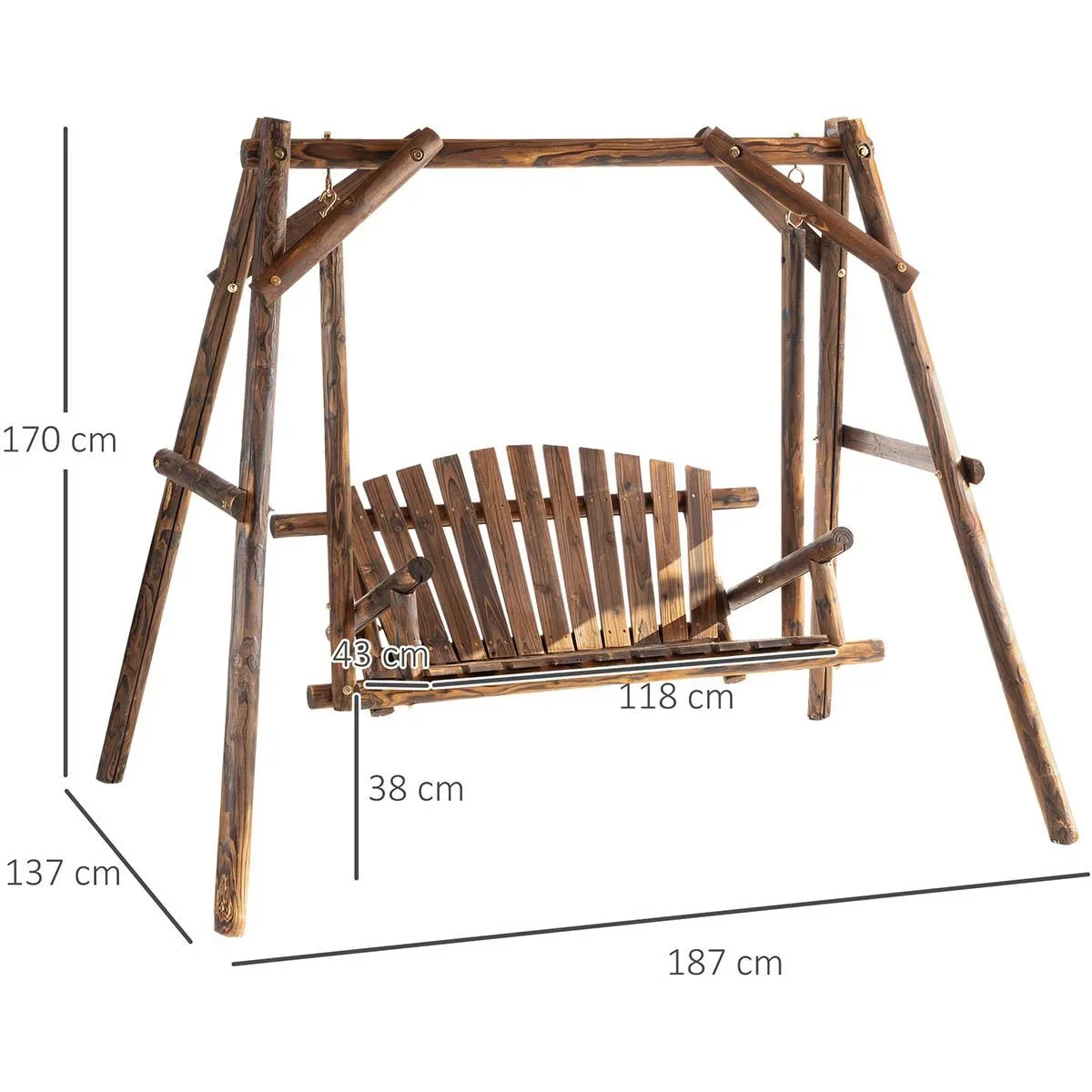 Hollywoodschaukel Massivholz, 187 x 137 x 170 cm, Braun - 2