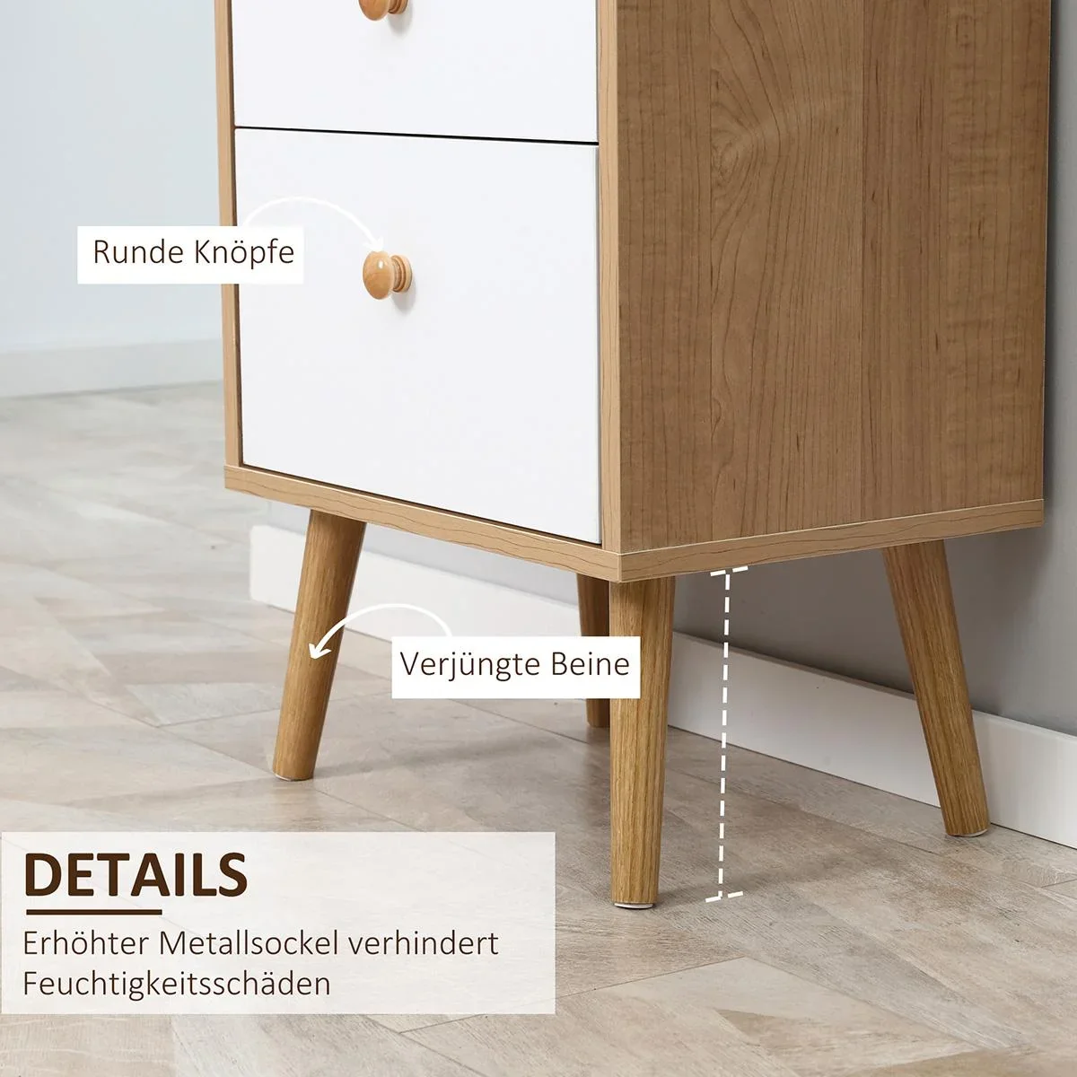 Sideboard Küchenschrank Kommode mit 1 offenen Fächern 3 Schubladen Skandi-Design Natur+Weiß 40 x 29 x 90 cm - 2