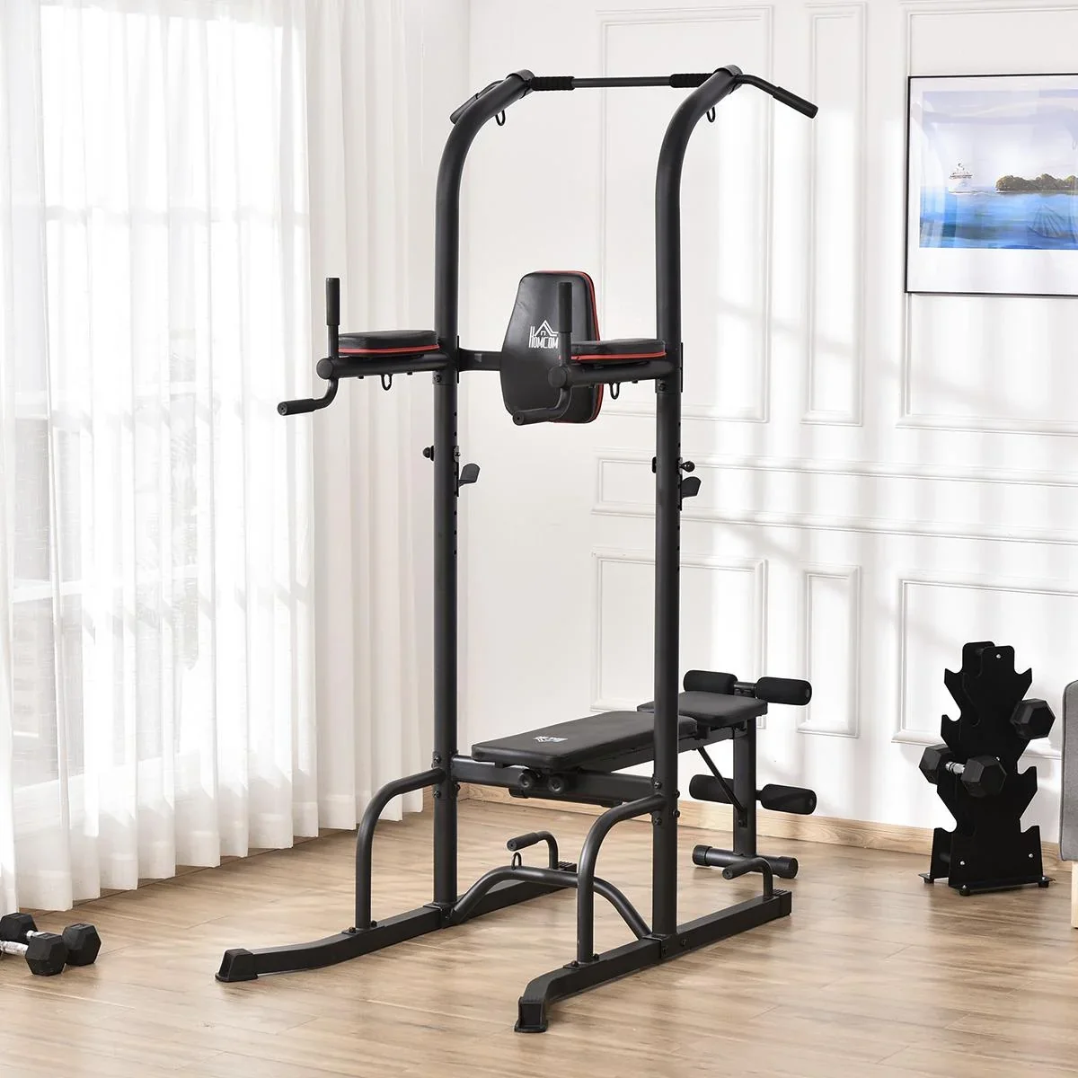 Kraftstation mit Klimmzugstange multifunktionale Dip-Station Trainings-Gerät für Zuhause Fitness Stahl Schwarz 187 x 110 - 0