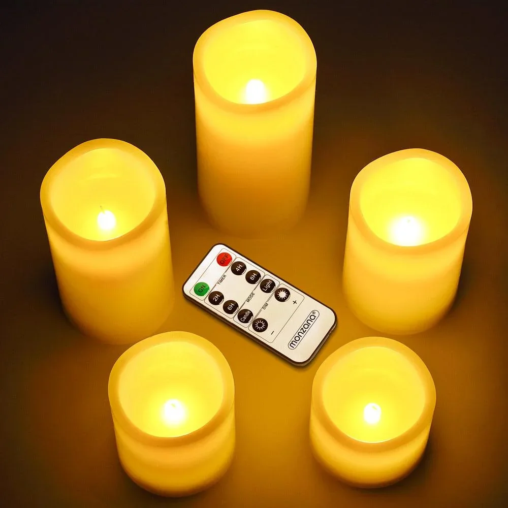5 LED-Flacker-Echtwachskerzen weiß mit Fernbedienung & Timer - 0