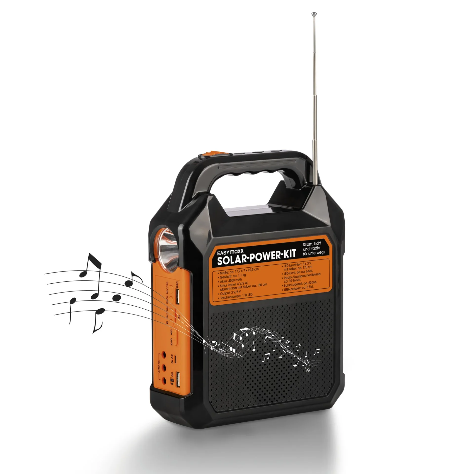 Solar-Generator Kit mit eigenem Solarpanel, Radio und Lautsprecher, 10000mAh schwarz/orange - 8