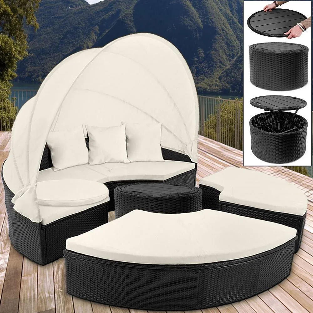 Polyrattan-Sonnenliege schwarz-creme Ø185cm mit Sonnendach - 0