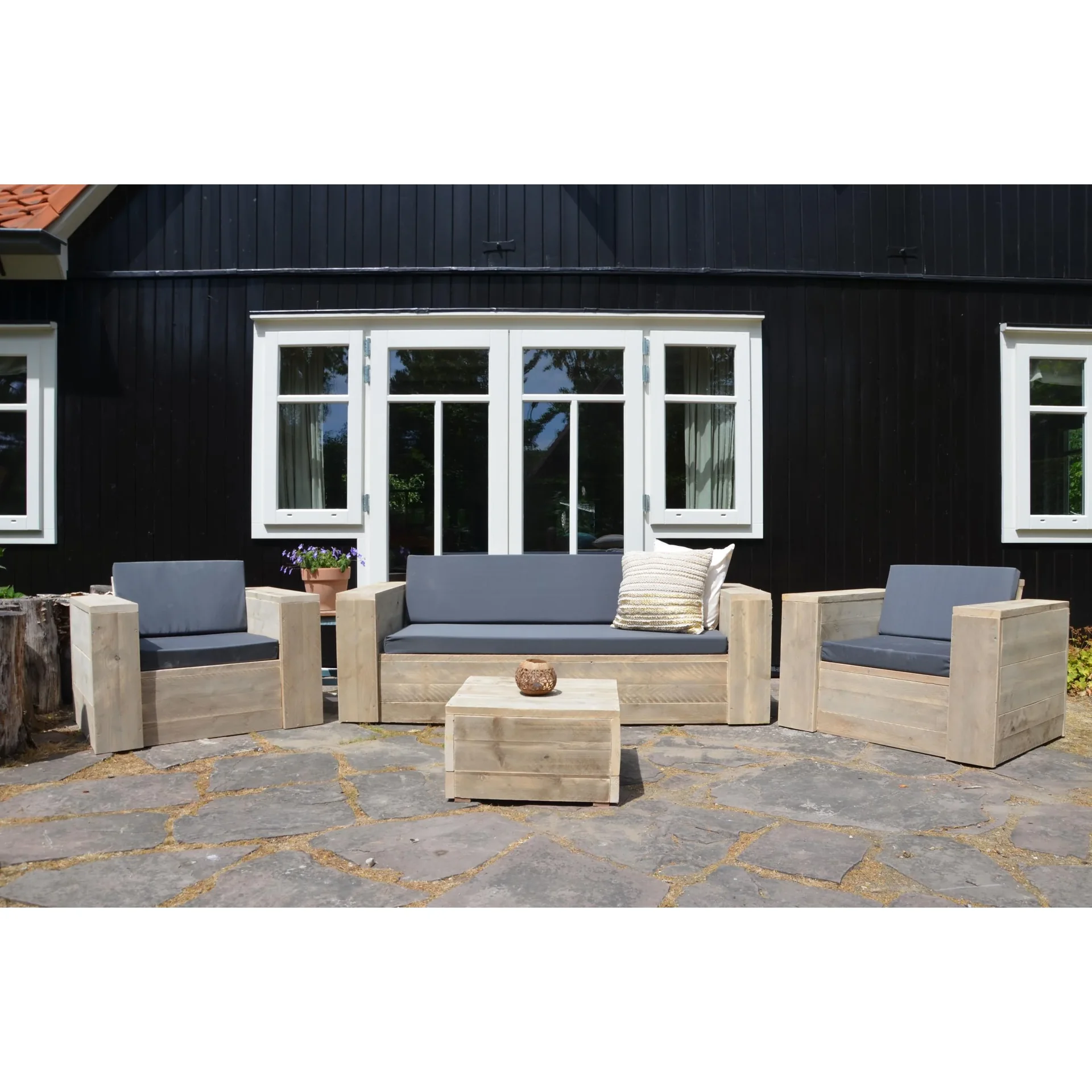 Lounge-Set robustes Gerüstholz komplett# Sofa, Stühle, Tisch und Outdoor-Kissen - 1