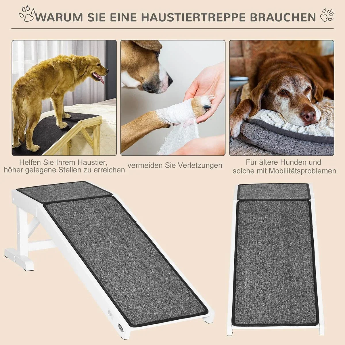 Haustierrampe mit rutschfestem Teppich Haustierleiter Hunderampe für Hund bis 30 kg Kiefernholz Polyester Weiß+Grau 125 - 3