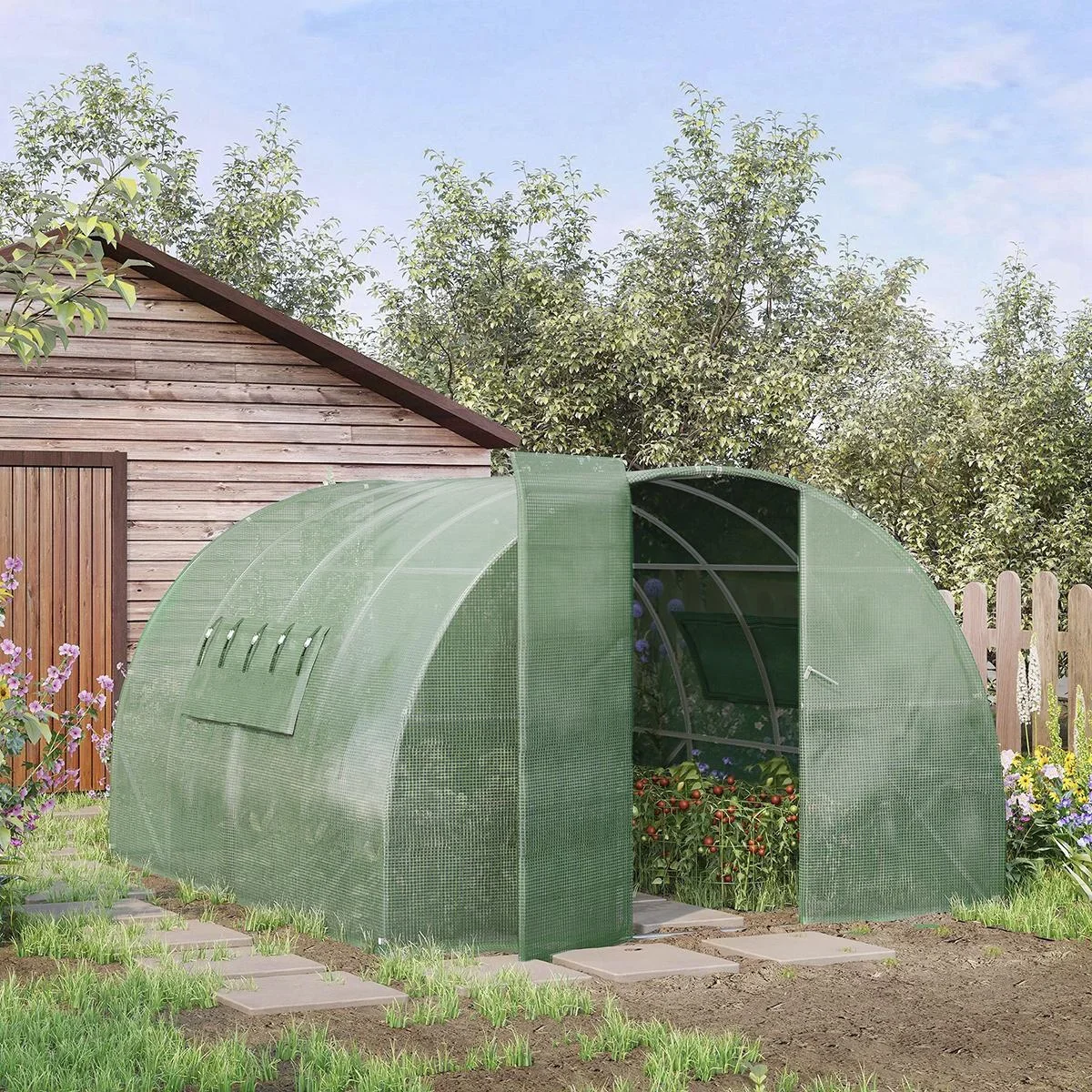 Foliengewächshaus 4 x 3 x 2 m Tunnel Gewächshaus Treibhaus Pflanzenhaus Folienzelt 2 Fenster Gitterfolie Grün - 0