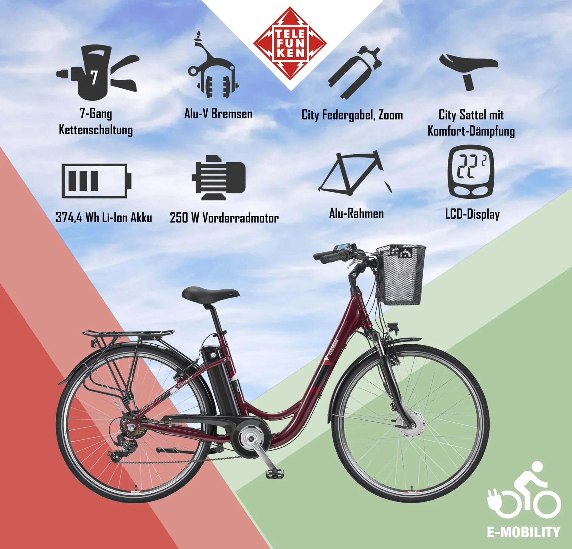 Unisex Alu-City E-Bike, 28 Zoll, 7-Gang Kettenschaltung, weinrot, Multitalent RC822 - 5