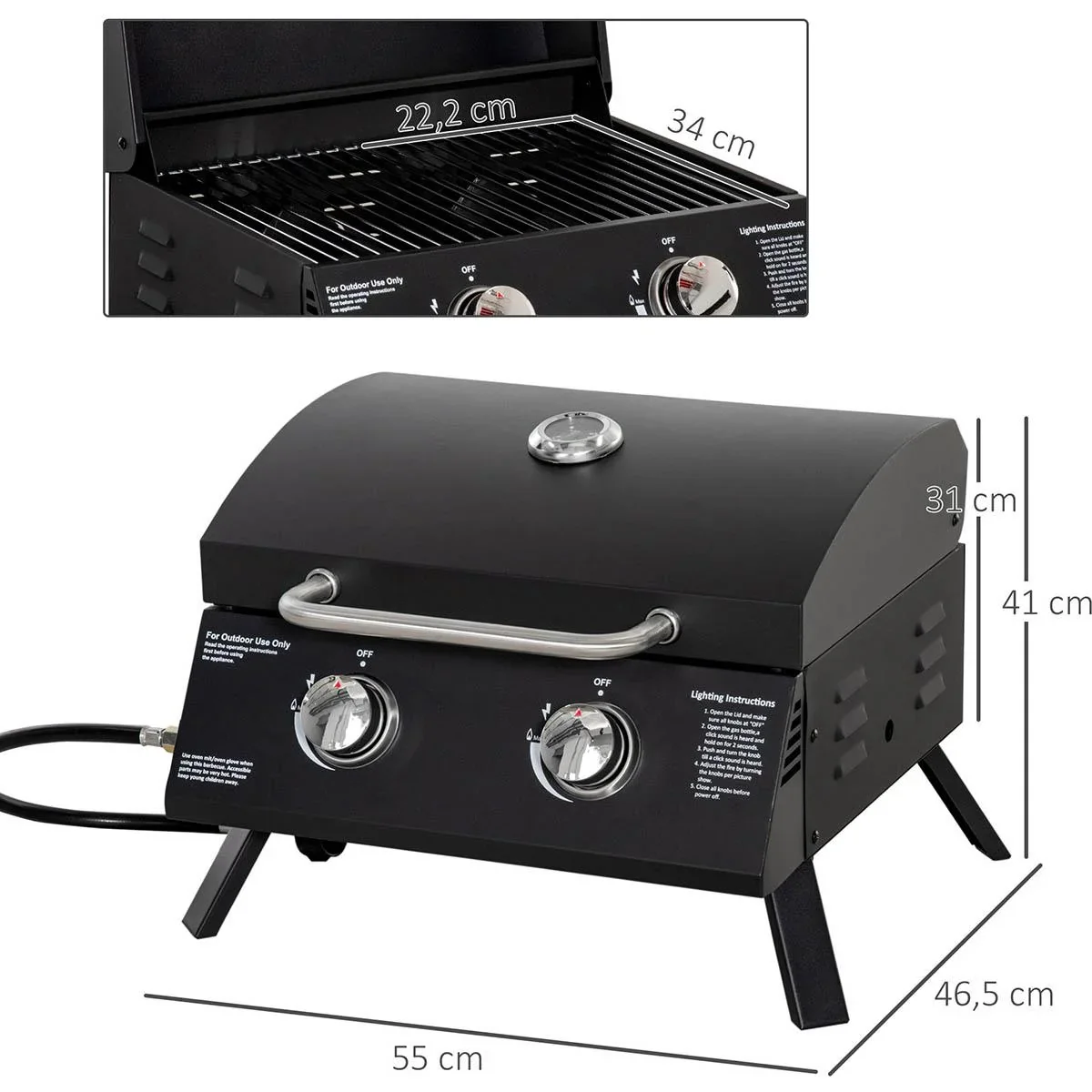 Mobiler Gasgrill - 2 Brenner - Schwarz - 55 x 46,5 x 41 cm - 1