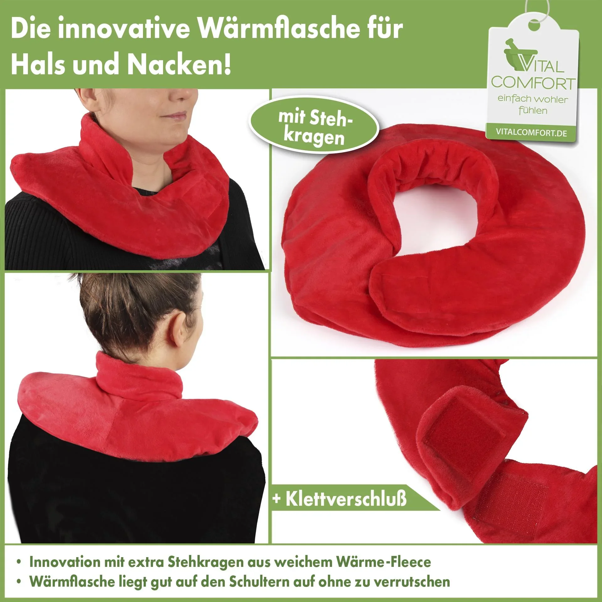 Nacken-Wärmeflasche mit breitem Trichter, Klettverschluss und Nackenfleece, Rot, 1,7 Liter - 2