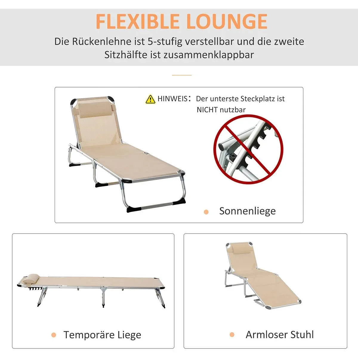 Sonnenliege Gartenliege Alu Stoffliege Relaxliege 5-fach verstellbar faltbar ergonomisch Netzstoff Beige 170 x 60 x 76 c - 1