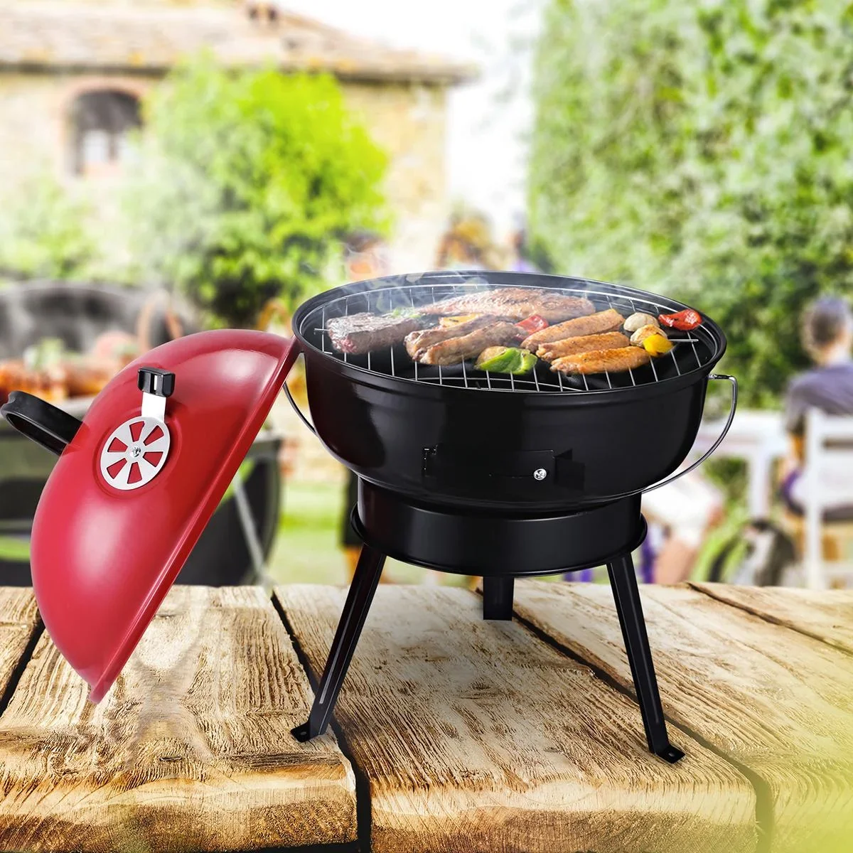 Kugelgrill Holzkohlegril Windschutz Dreibeinfuß Camping Picknick tragbar Metall Rot+Schwarz Ø36,5 x 54 cm Holzkohlegrill - 1