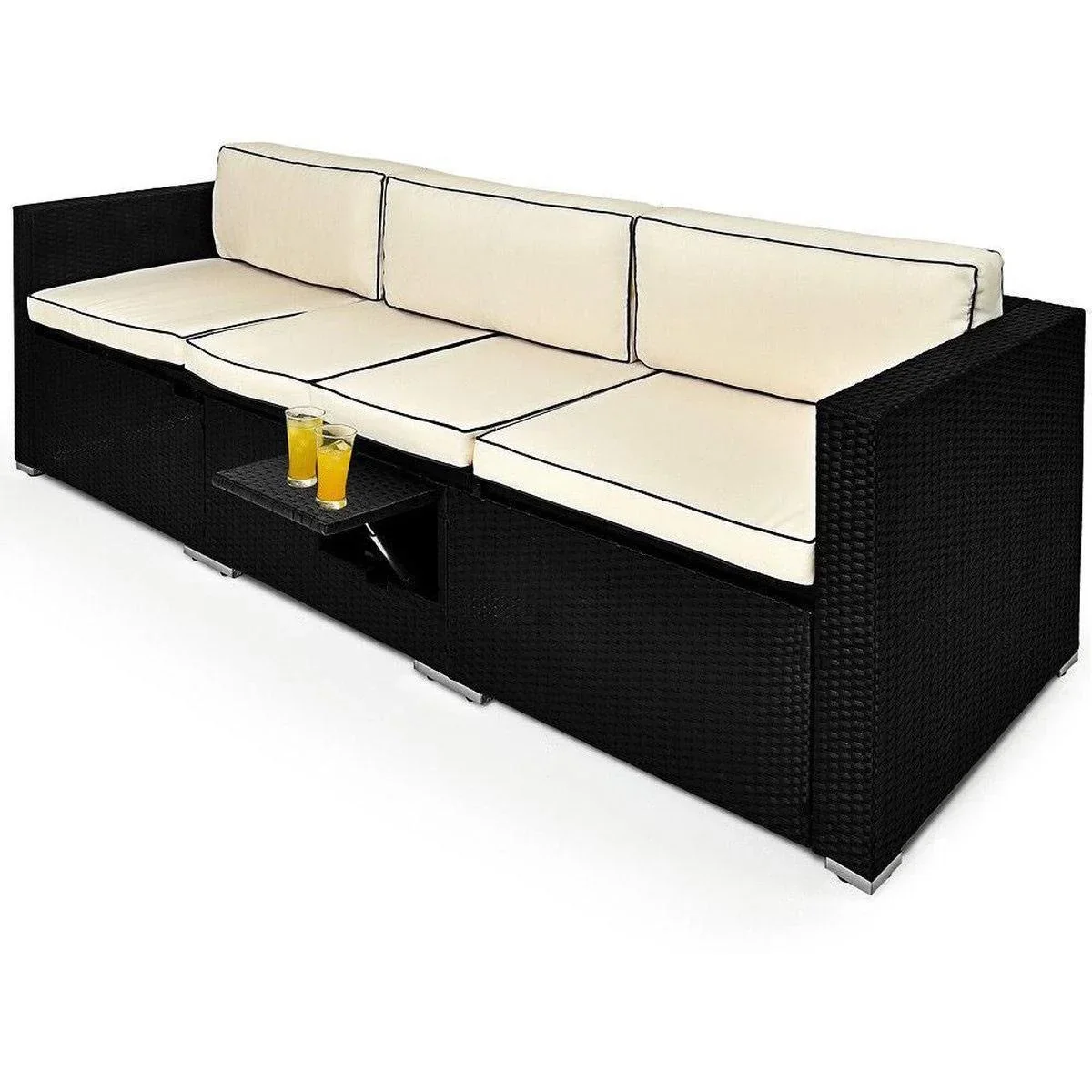 Polyrattan Sofa - Schwarz-Creme - 210x70x70Cm - Verstellbar - 1