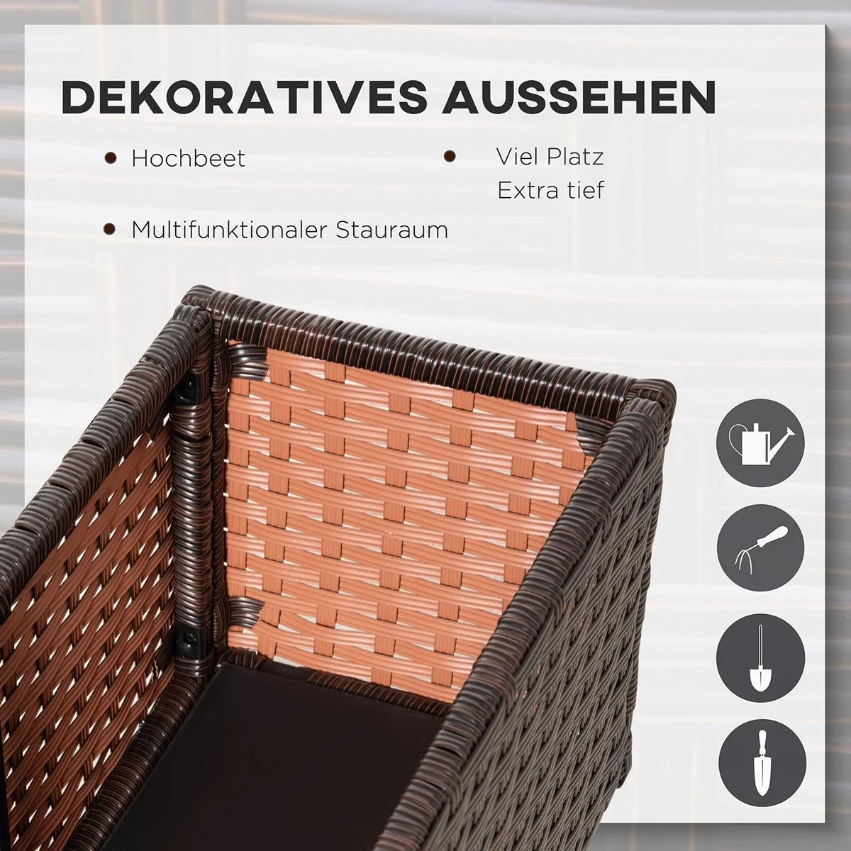 Poly Rattan Hochbeet mit Rollen Pflanzkasten mit Abflusslöchern Blumenkasten Blumenkübel Kaffee-Braun 94,5 x 31 x 36 cm - 0