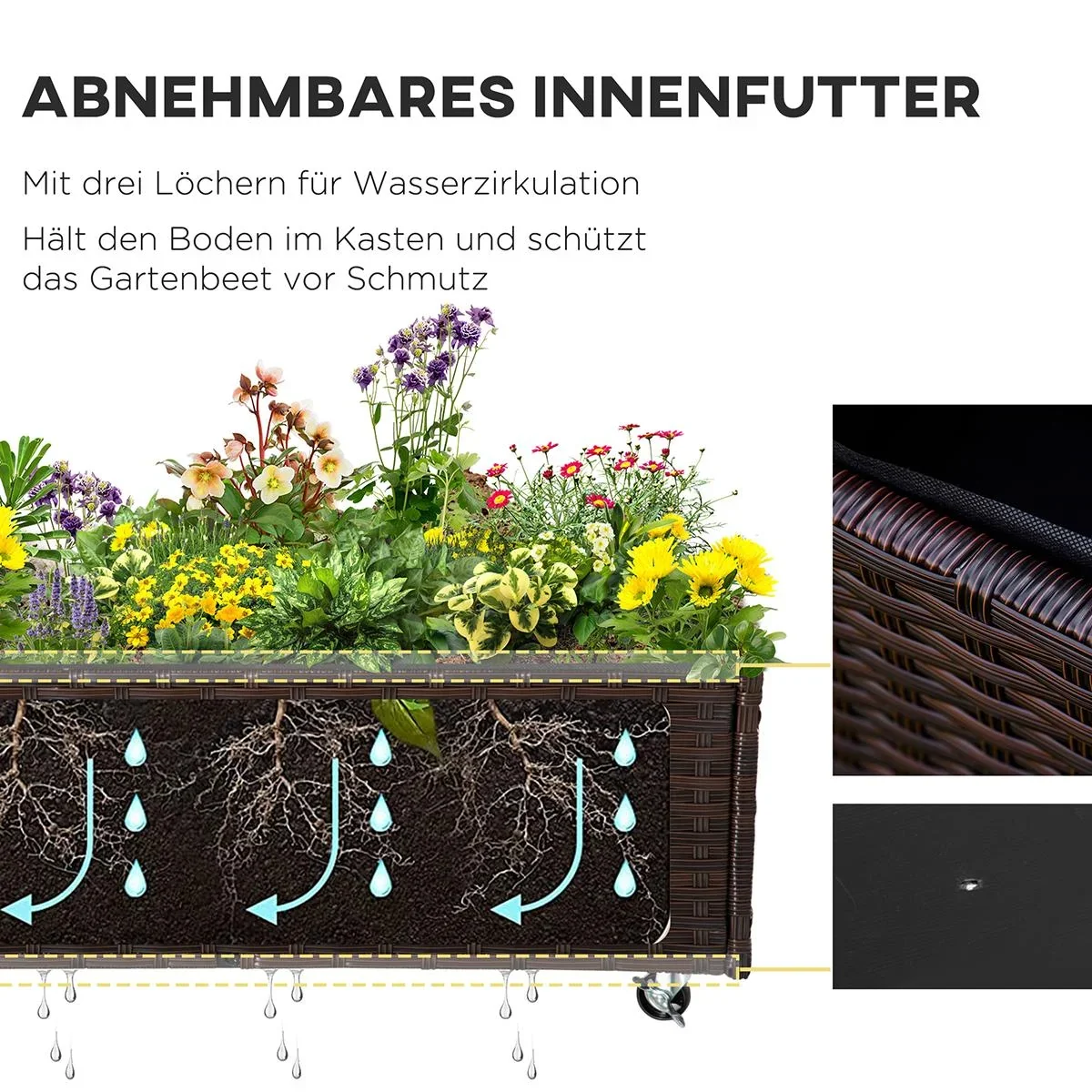 Poly Rattan Hochbeet mit Rollen Pflanzkasten mit Abflusslöchern Blumenkasten Blumenkübel Kaffee-Braun 94,5 x 31 x 36 cm - 1