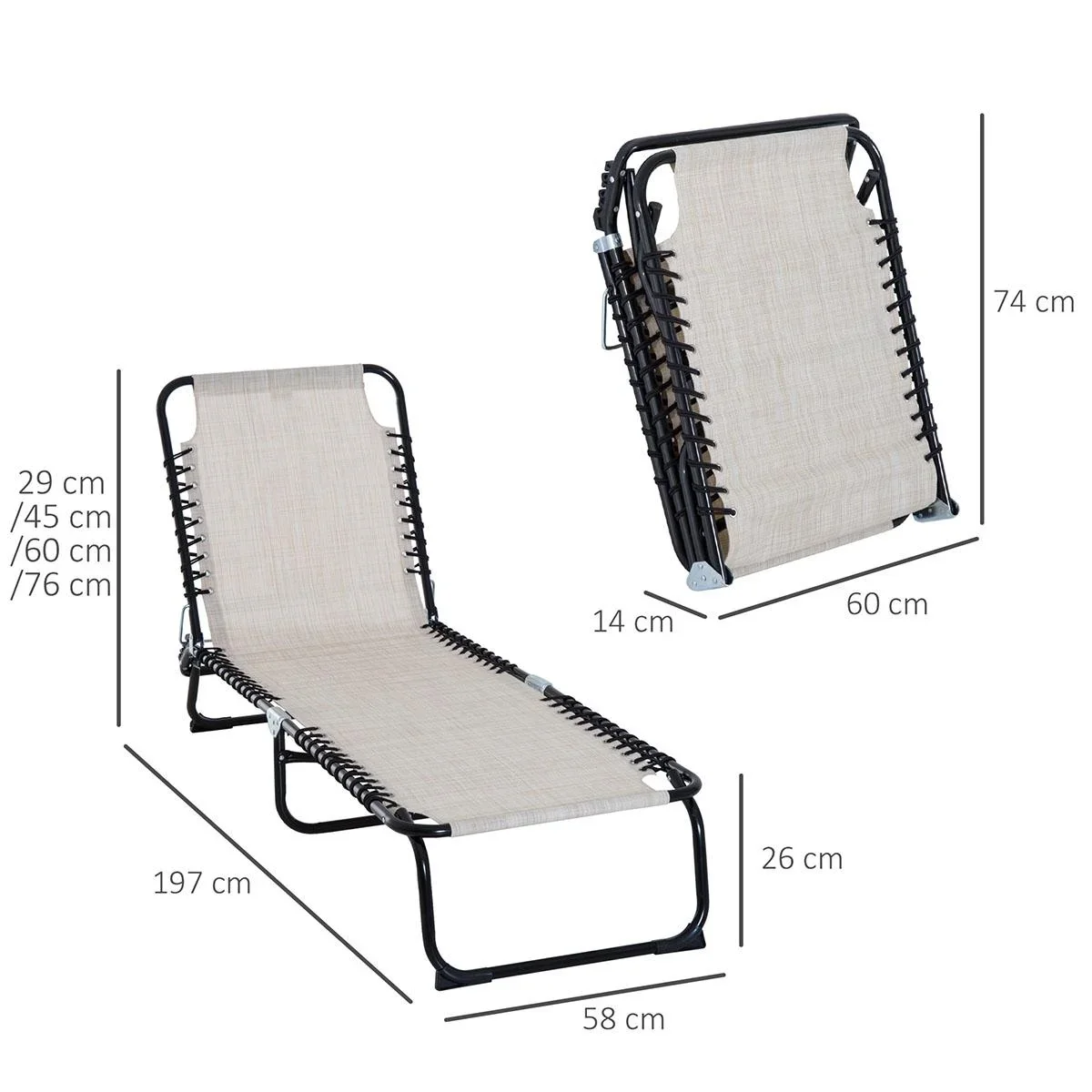 Sonnenliege faltbar Gartenliege Klappliege Garten 4-stufige Rückenlehne verstellbar Stahl Mesh-Stoff Beige197 x 58 x 76 - 2