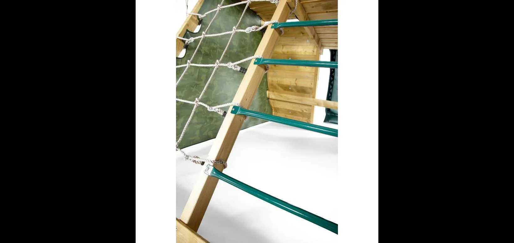 Holz Kletterpyramide mit Doppelschaukel, Outdoor-Kletterpyramide, Holz, Kletterwand, Kletternetz, Rutsche, natur - 0