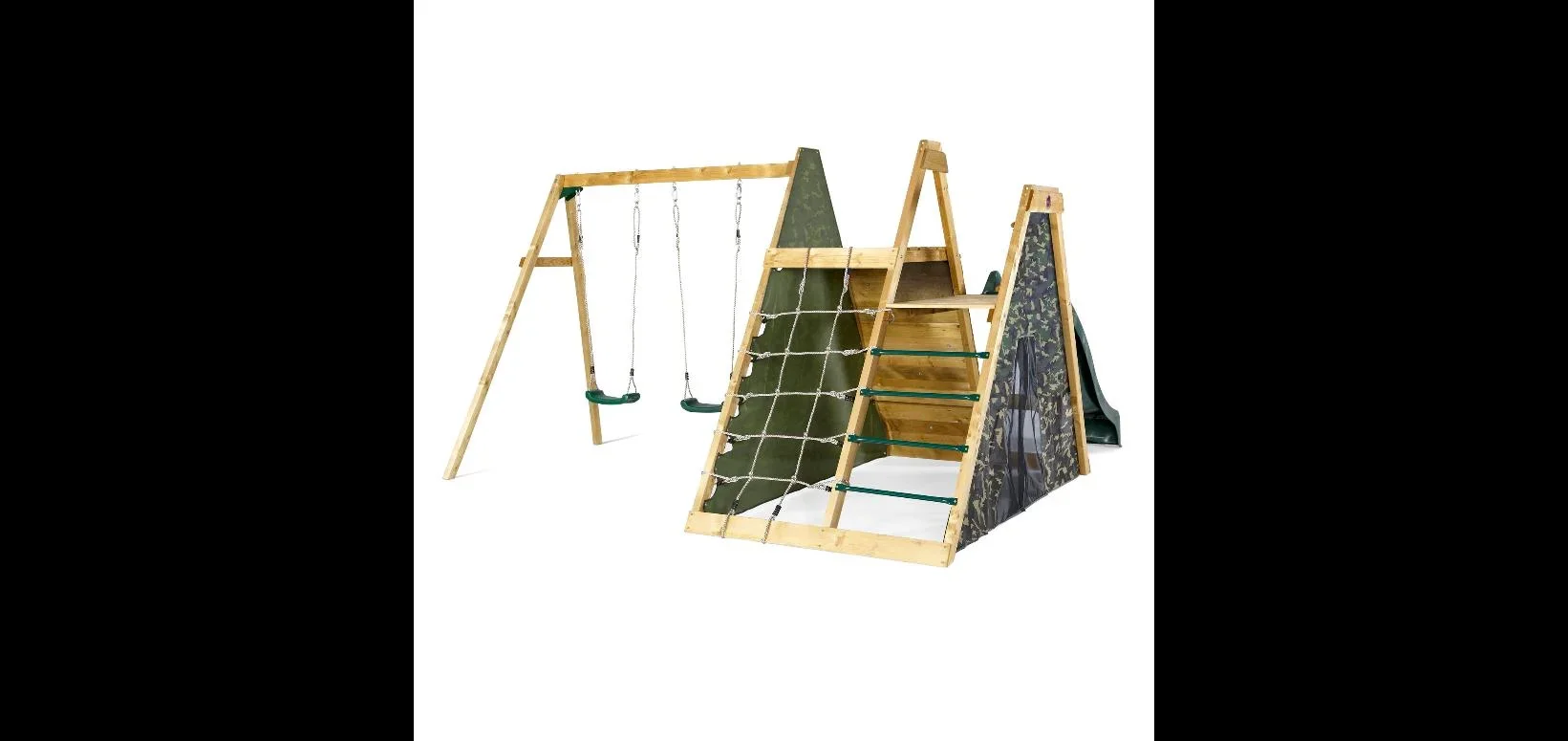 Holz Kletterpyramide mit Doppelschaukel, Outdoor-Kletterpyramide, Holz, Kletterwand, Kletternetz, Rutsche, natur - 5