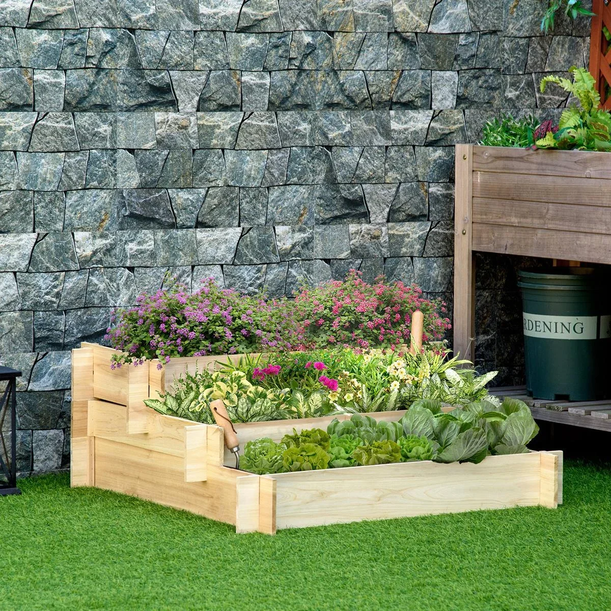 Hochbeet 3-stufige Gartenbeet Pflanzenbeet Kräuterbeet Blumentreppe für Balkon Garten Natur Holz 93 x 93 x 35 cm - 1