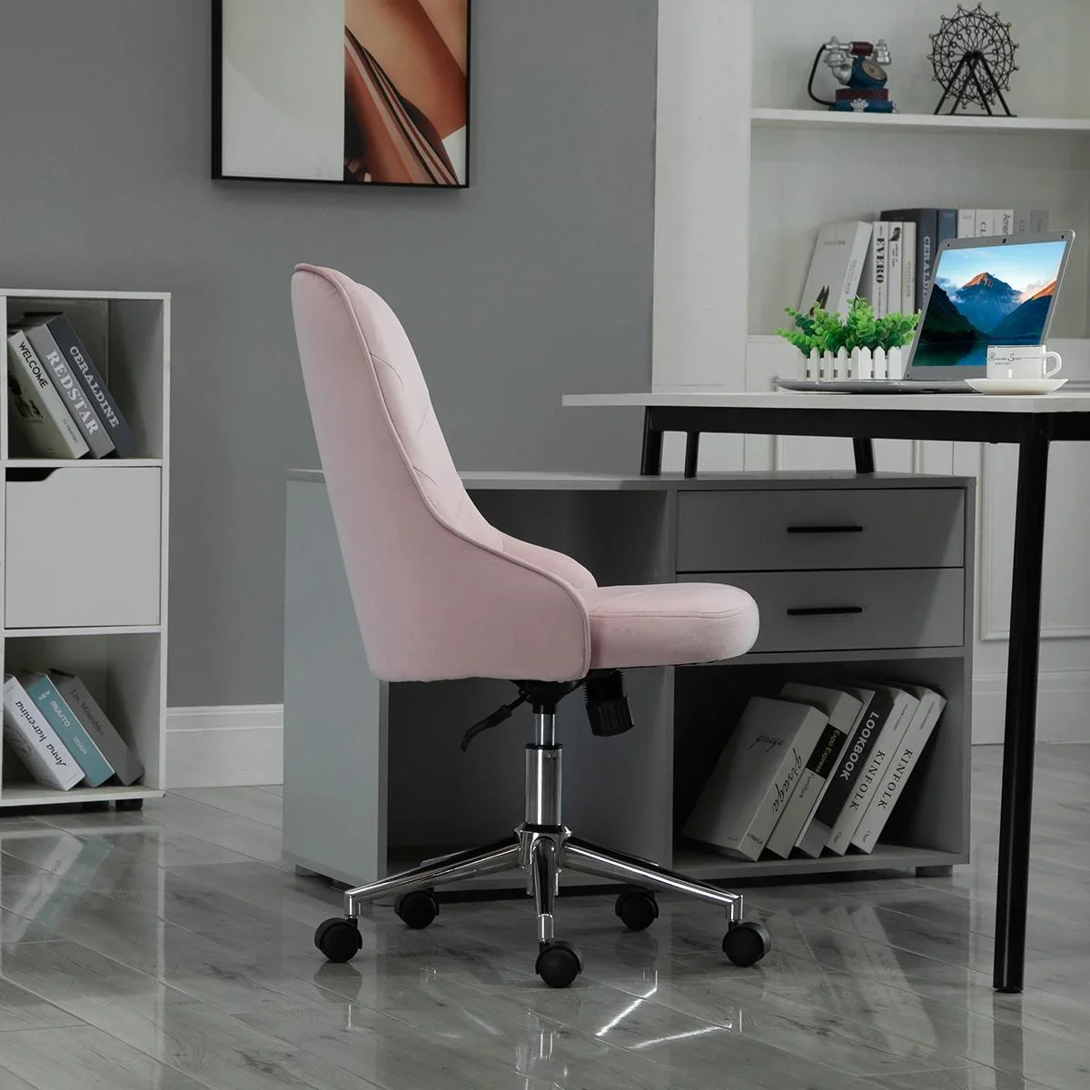 Bürostuhl Schreibtischstuhl Computerstuhl Drehstuhl SOHO-Stil Arbeitstuhl mit Wippenfunktion höhenverstellbar Samt Rosa - 0