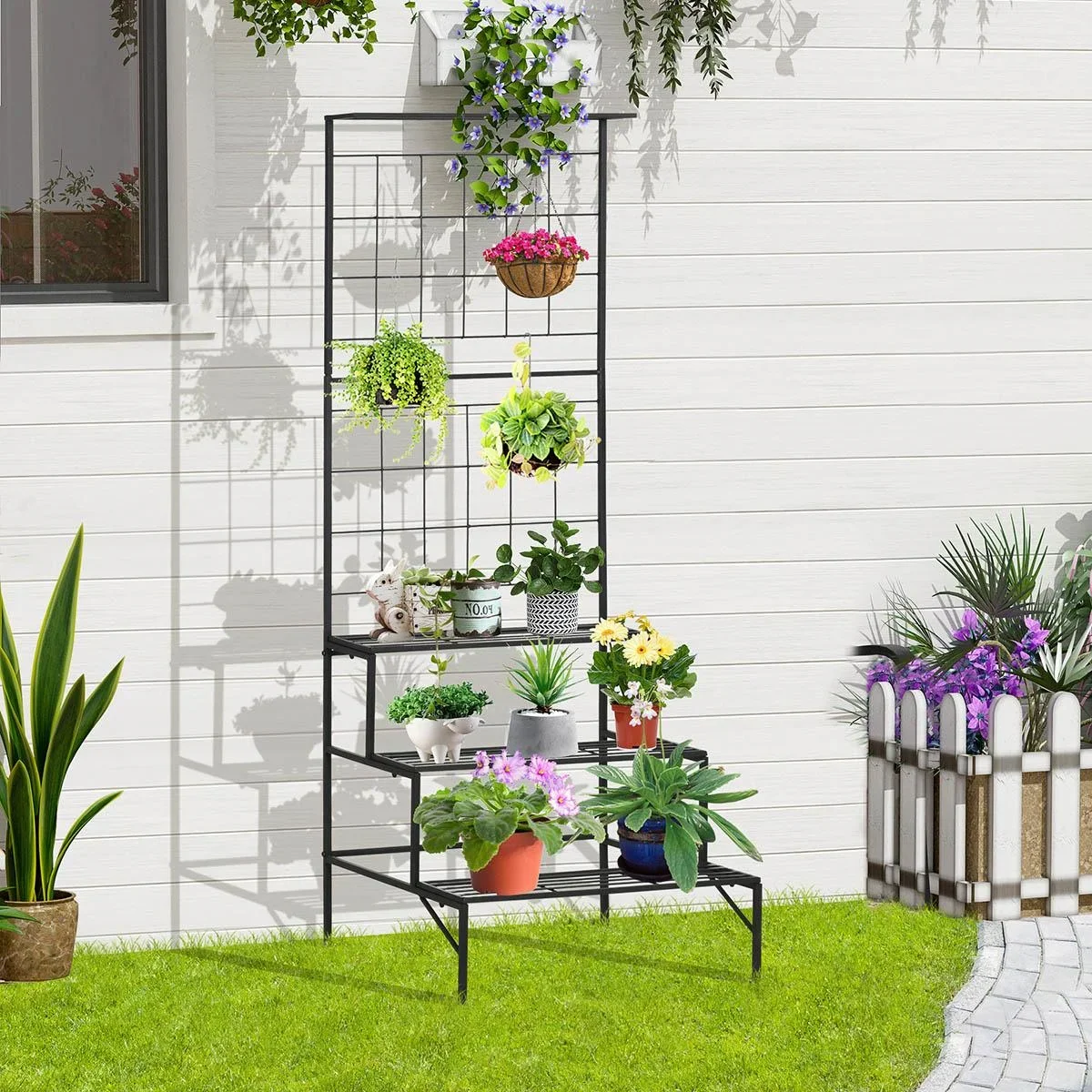 Pflanzentreppe mit Spalier und 3 Stufen Metall schwarz 60 x 53,5 x 159,5 cm - 1