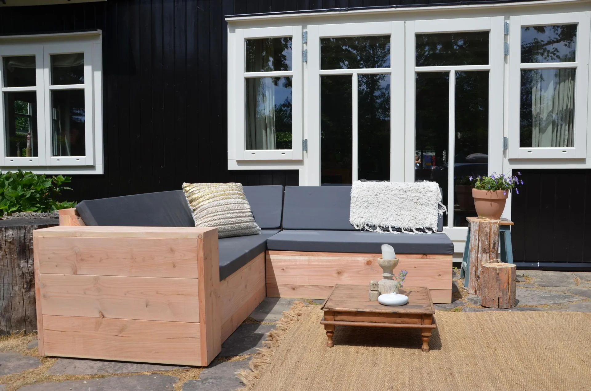 Lounge-Set haltbares Douglasie-Holz komplett# Sofa, Stühle, Tisch und Outdoor-Kissen - 2