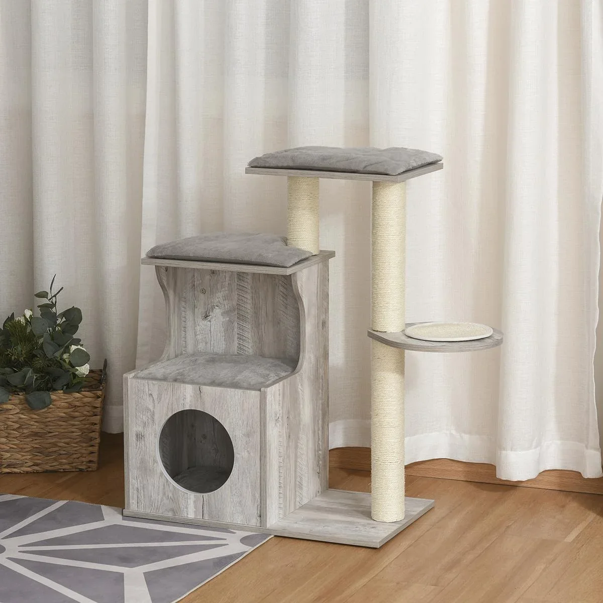 Kratzbaum mit Katzenhöhle Katzenbaum Kletterbaum für Katzen E1 MDF Sisal Grau 66 x 38 x 88 cm - 1