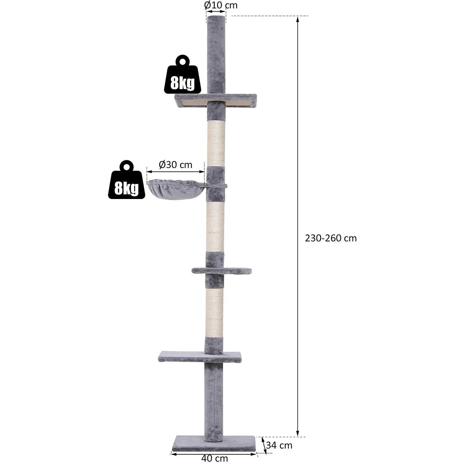 Kratzbaum Kletterbaum Spielbaum Katzenkratzturm deckenhoch höhenverstellbar Holz+Sisal+Plüsch Grau 40x30x(230 260) cm - 3