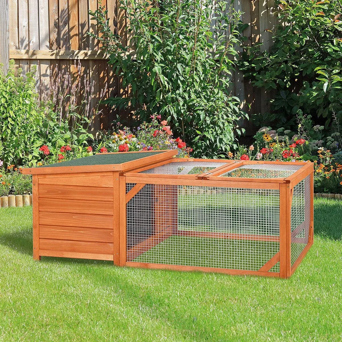 Kaninchenstall Hasenstall Kleintierhaus mit öffenbarem Asphaltdach Outdoor Indoor Hinterhof Tanne Orange+Grün 125,5 x 1 - 0