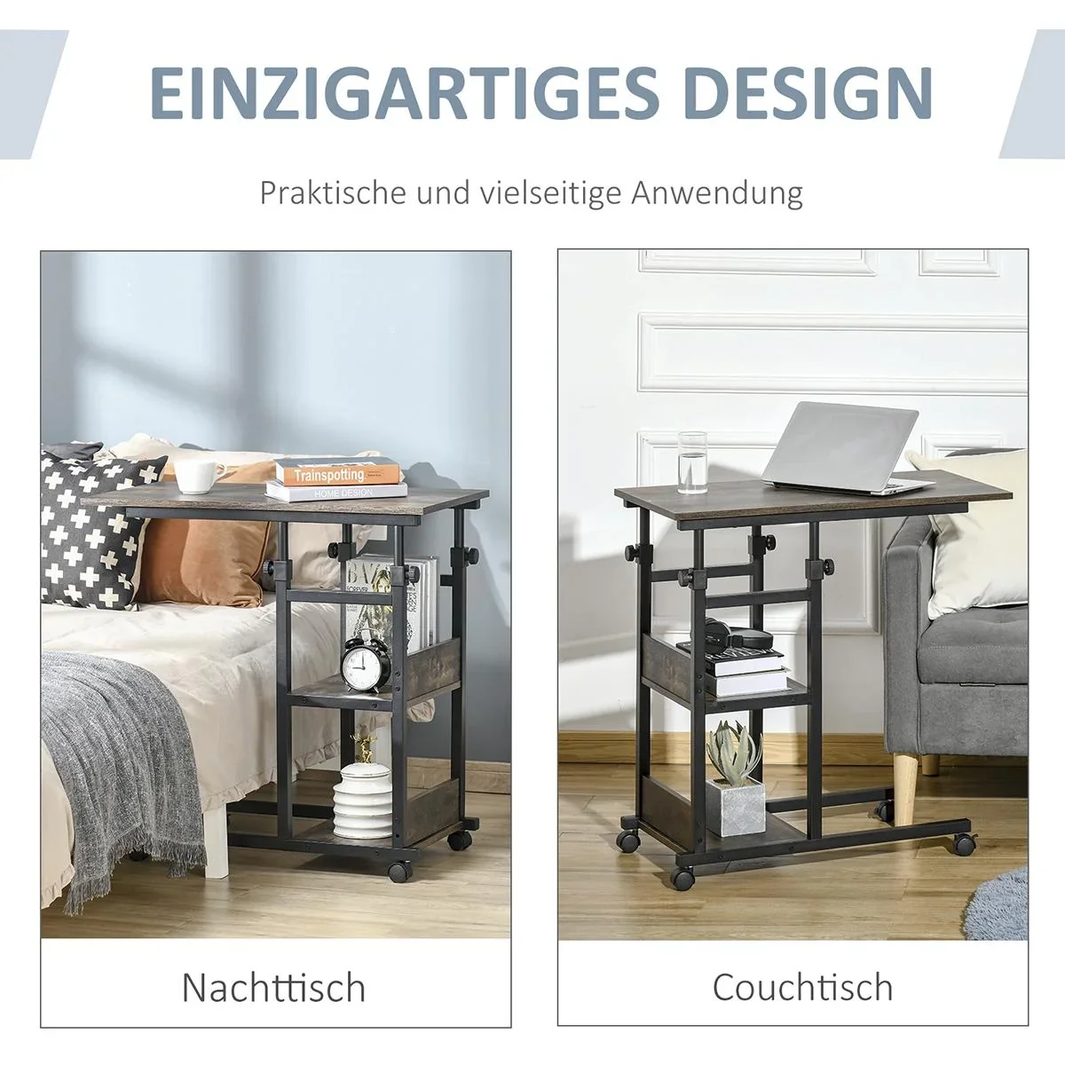 Beistelltisch Couchtisch mit Rollen, E1 Spanplatte, Metall, Schwarz, 80x40x72-82 cm - 0