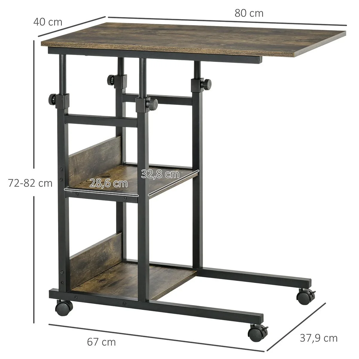 Beistelltisch Couchtisch mit Rollen, E1 Spanplatte, Metall, Schwarz, 80x40x72-82 cm - 1
