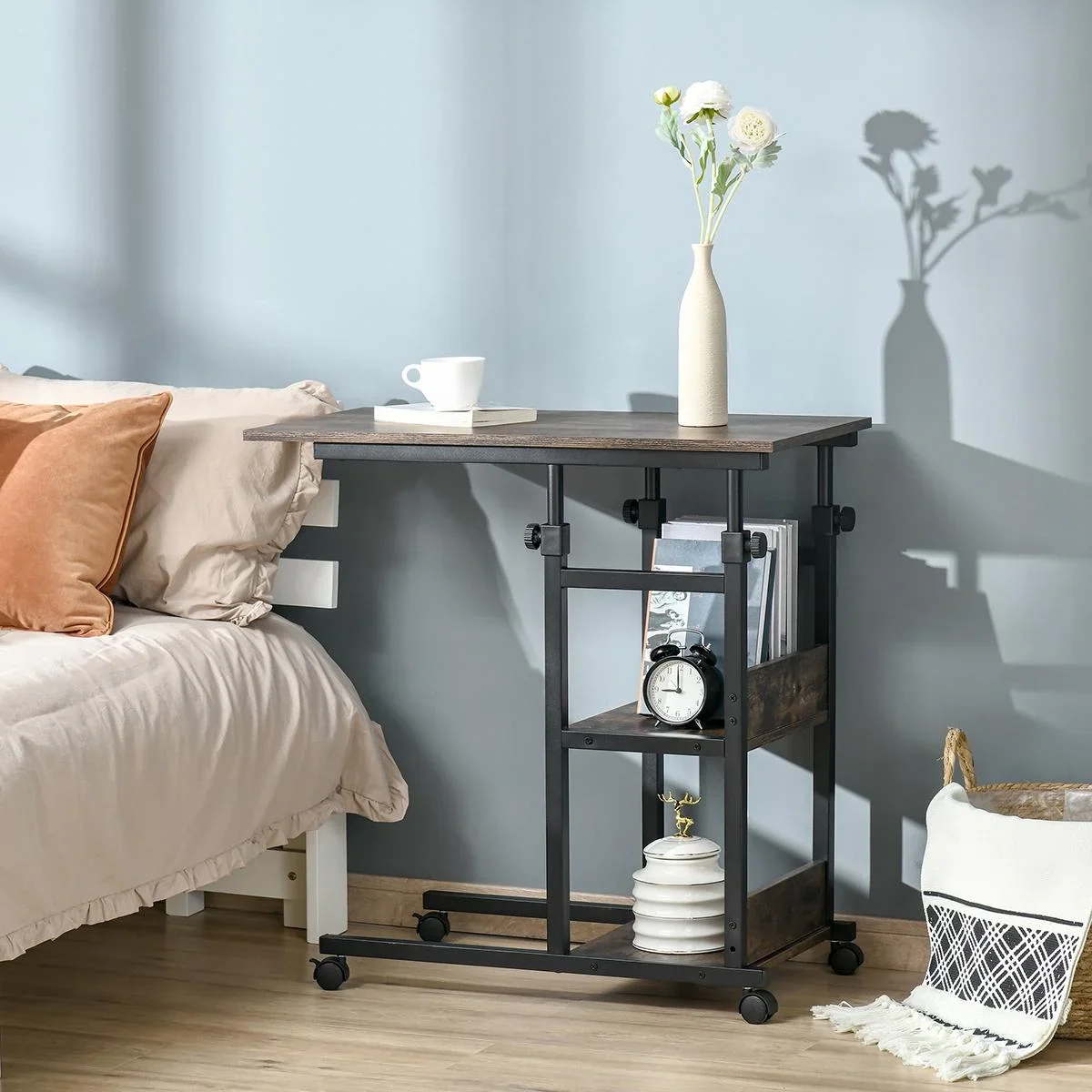 Beistelltisch Couchtisch mit Rollen, E1 Spanplatte, Metall, Schwarz, 80x40x72-82 cm - 3