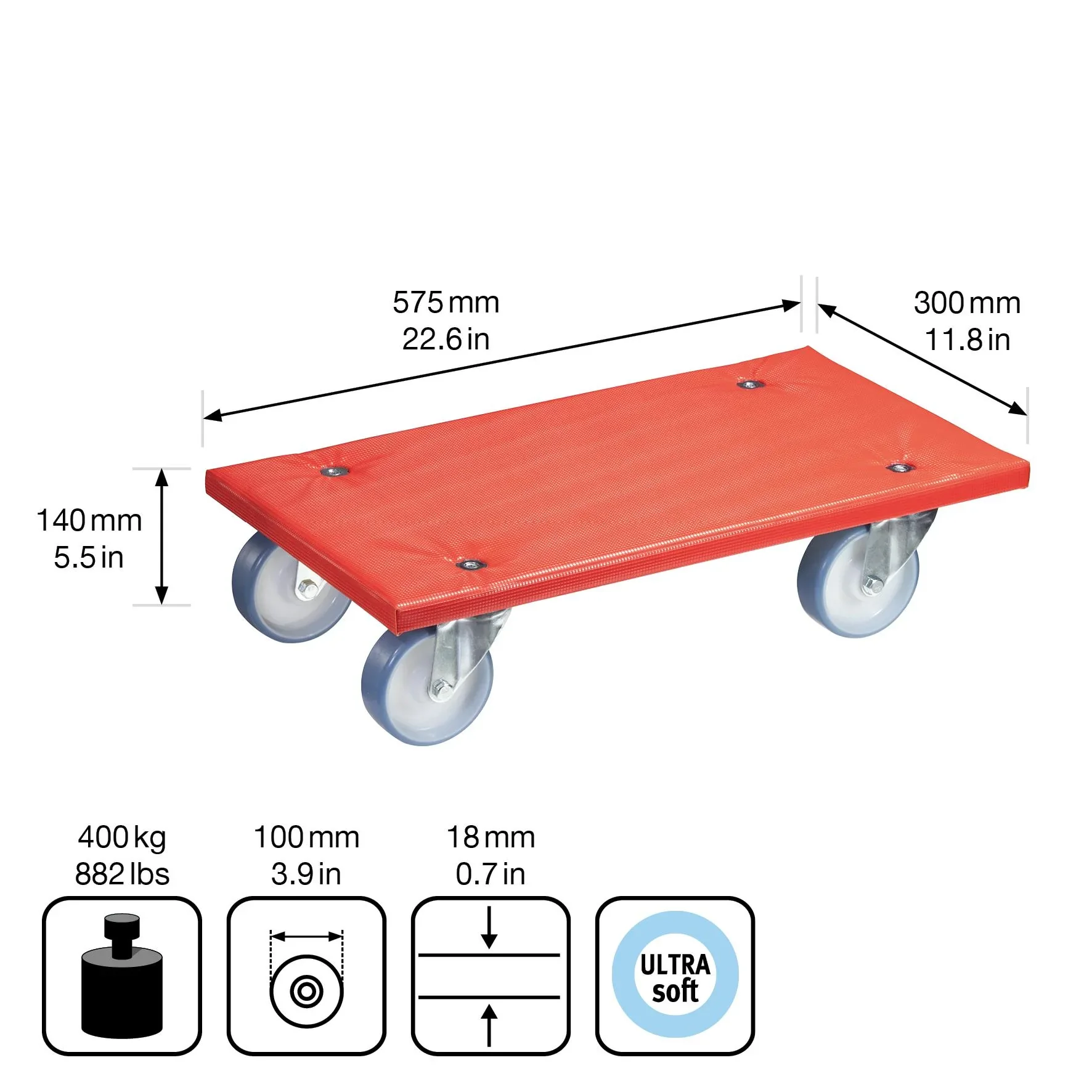 Transporthilfe MM 1396, 57,5 x 30 x 14 cm, softe Rollen Ø 100 mm, Rollenlager, Platte FSC® bezogen, Tragkraft 400 kg - 2