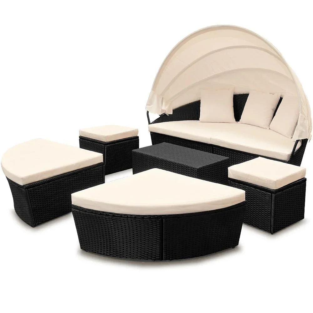 Polyrattan-Sonneninsel oval 226cm schwarz mit Sonnendach - 1