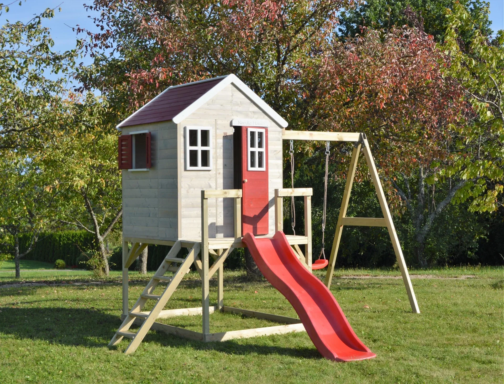 Holz Spielhaus Elefant rot-weiss, 350x330x242 cm - 1