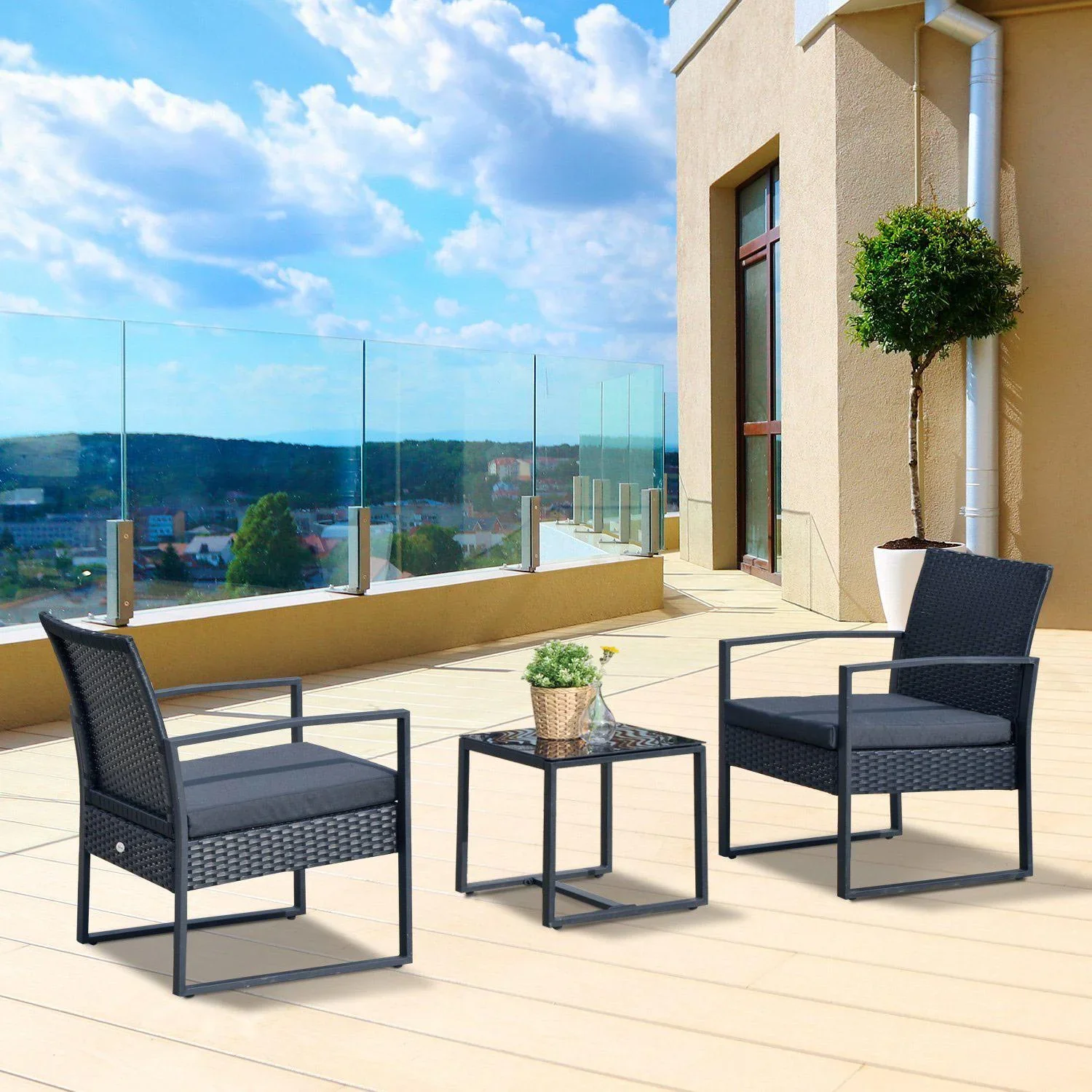 Sitzgruppe Polyrattan Gartenset 5 tlg, mit Kissen Schwarz - 3