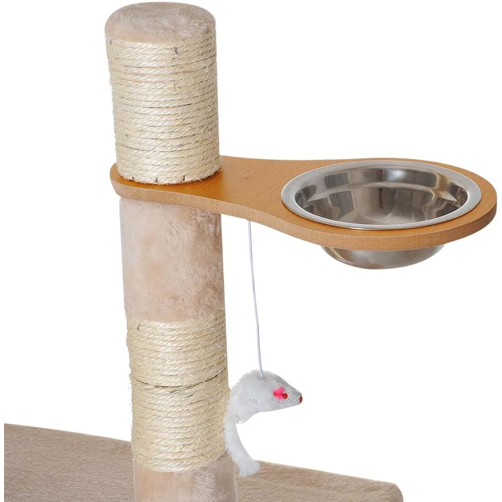 Kratzbaum Katzenbaum Kletterbaum Futterschale Leiter Beige L150 x B60 x H170 cm - 0