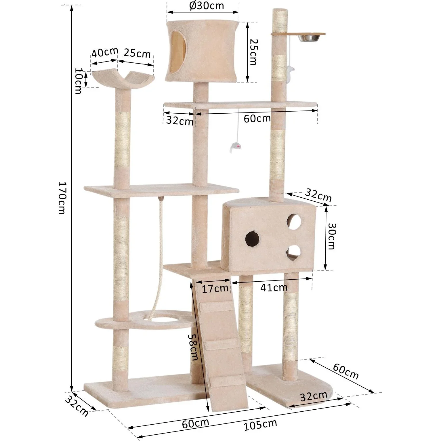 Kratzbaum Katzenbaum Kletterbaum Futterschale Leiter Beige L150 x B60 x H170 cm - 5