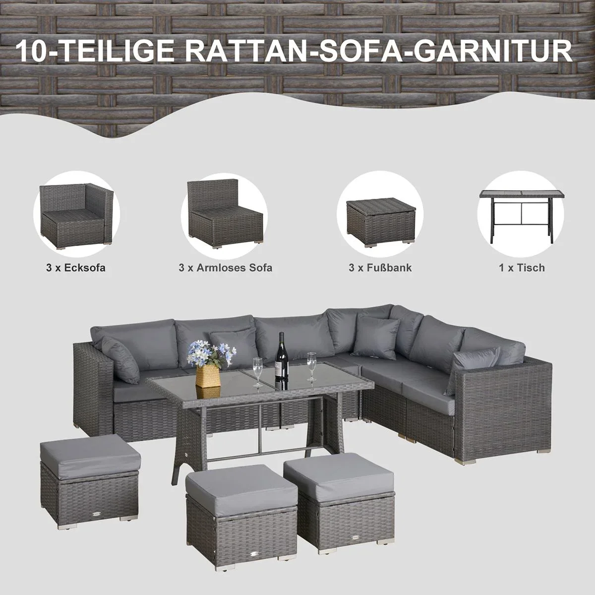 Polyrattan Sitzgarnitur 10 tlg. Sitzgruppe Gartenset Sofagarnitur Gartenmöbel Set Lounge Stahl Luxus Dunkelgrau - 3