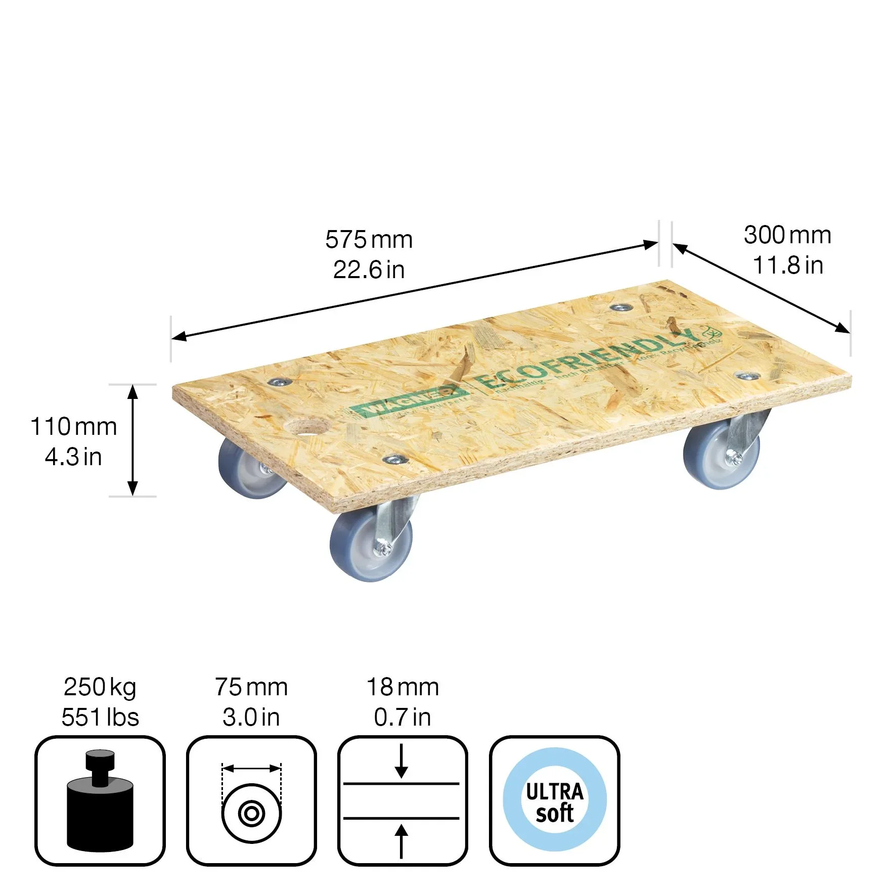 Transporthilfe MM 1173 , 57,5 x 30 x 11 mm, softe Rollen Ø 75 mm, Rollenlager, OSB Platte, CO2-neutral, Tragkraft 250 kg - 3