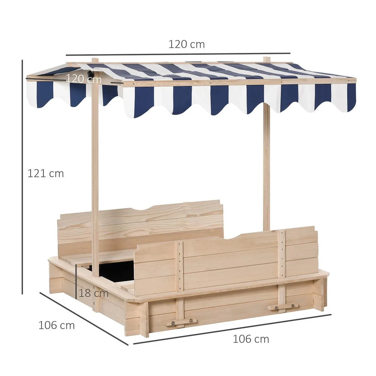 Sandkasten mit Dach abnehmbar Rücklehnen verstellbar Tannenholz 3-7 Jahren 106 x 106 x 121 cm Natur - 0