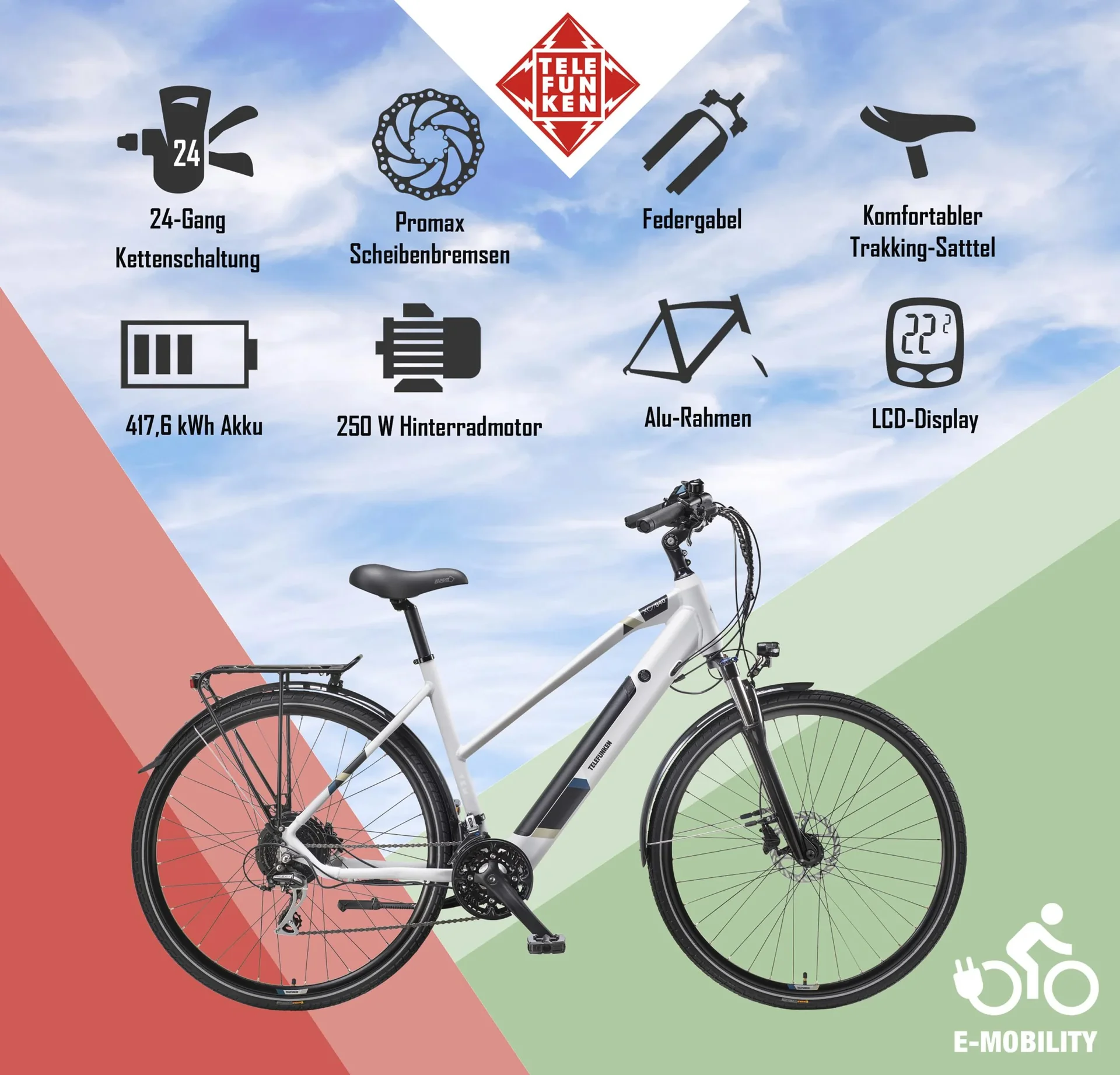 Damen Alu Trekking E-Bike, 28 Zoll, Rahmenhöhe 50 cm, 24-Gang Kettenschaltung, kreide, XC940 Expedition - 1
