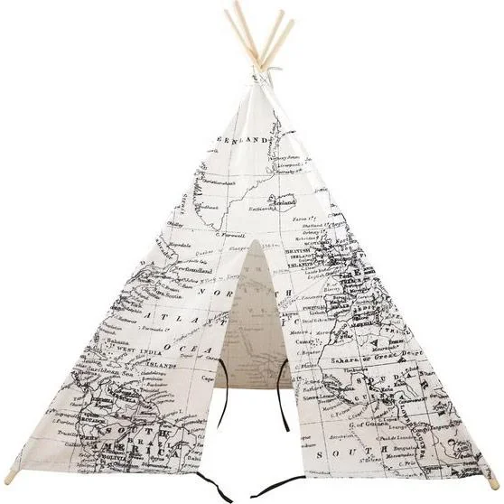 Weltkarte Tipi-Zelt | Schwarz und Weiß | Wigwam Spielzelt|100% Baumwolle|120x120x160cm - 1