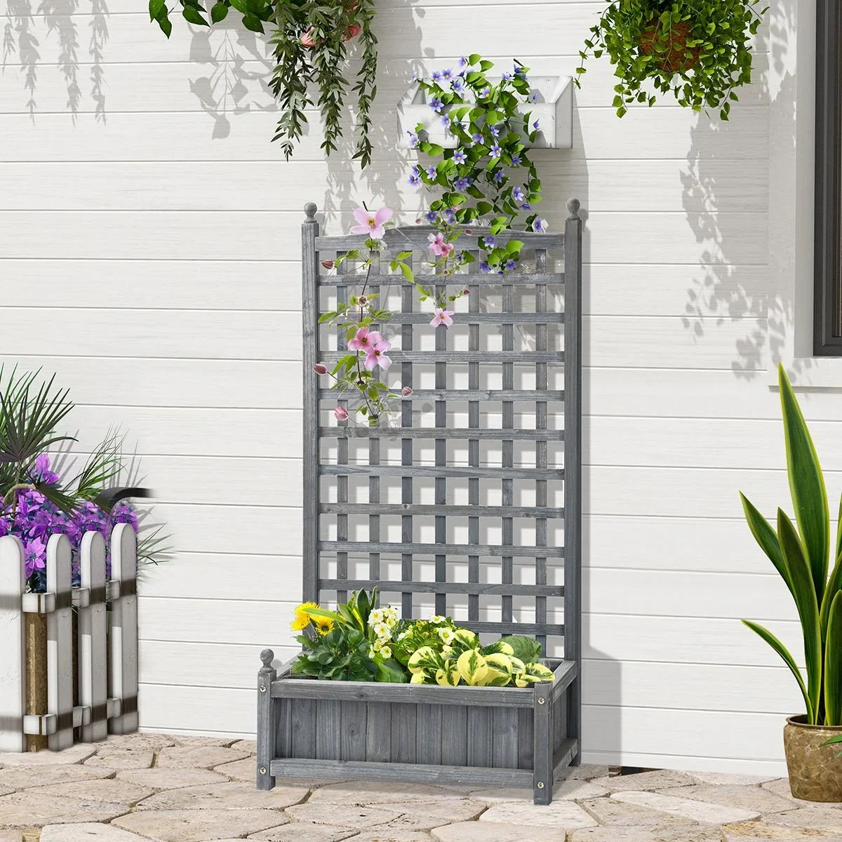 Pflanzkasten Blumenständer Rankgitter Rankkasten Rosenbogen mit Leckage-Löcher Garten Holz Hellgrau 64 x 28 x 120 cm - 1