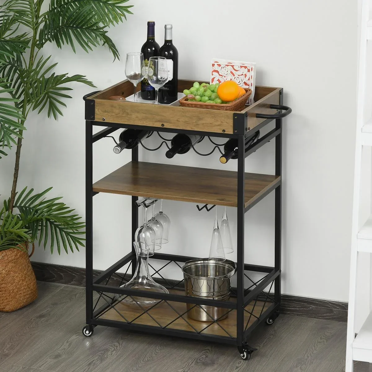 Rollwagen Servierwagen auf Rollen, Küchenwagen mit Weinregal und Glashalter, mit Bremsen, Metall, 77 x 44,5 x 91 cm - 0