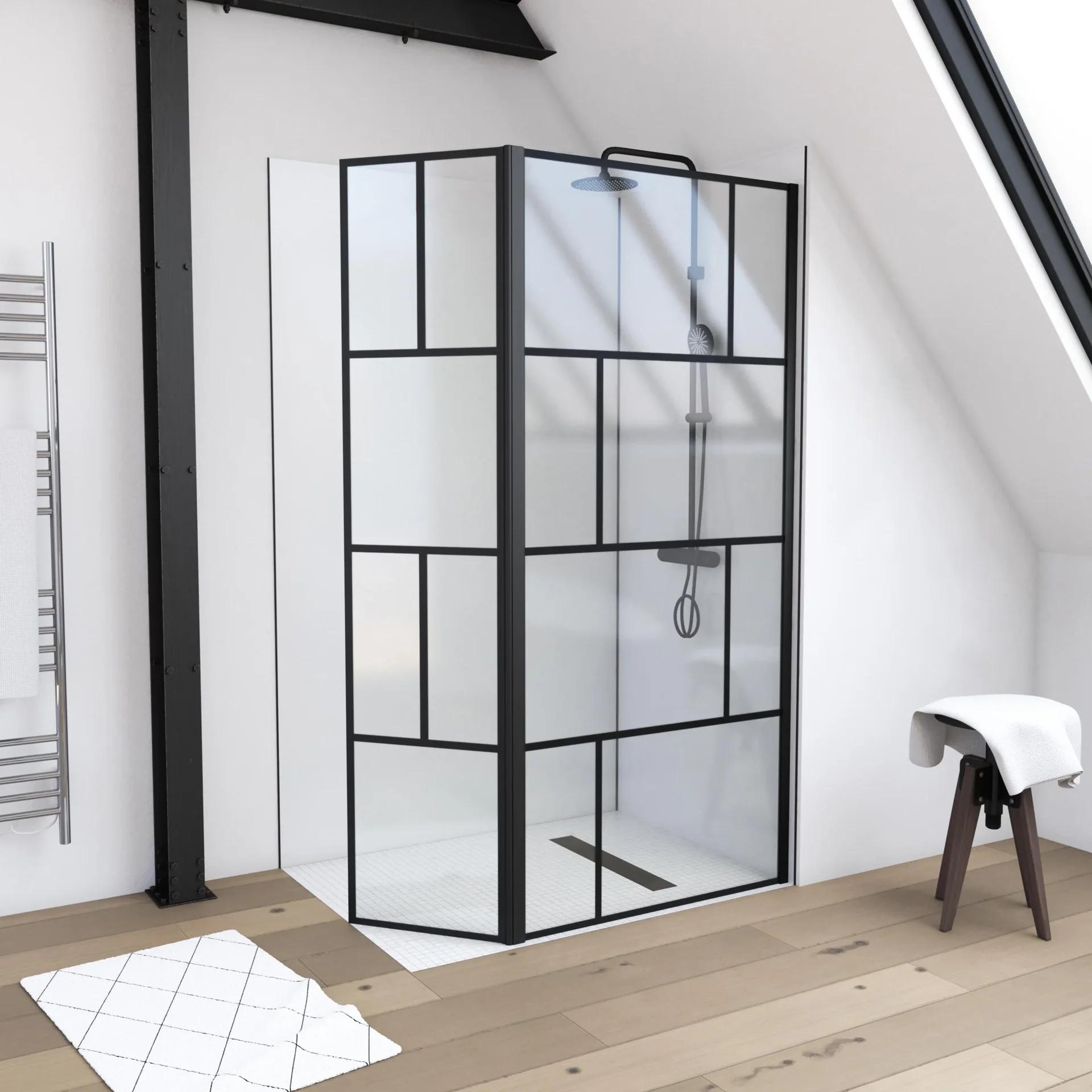 Duschwand in modernem Design 90+40 x 195 cm - Glasdusche mit matt schwarzen Wandprofil - 2