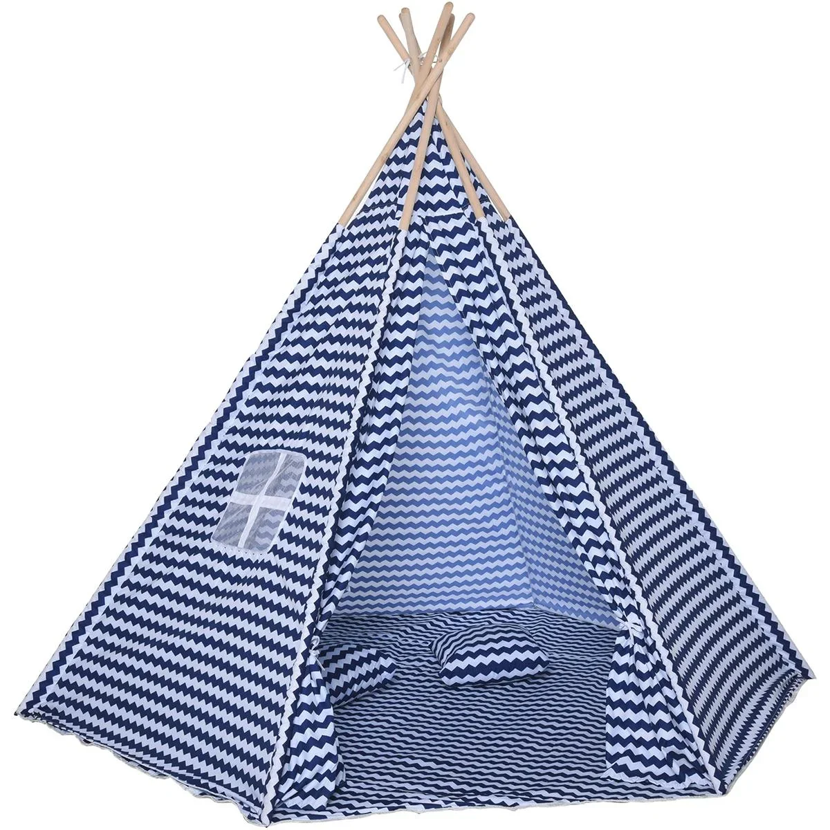 Tipi-Kinderzelt mit Bodenmatte blau, weiß - 3