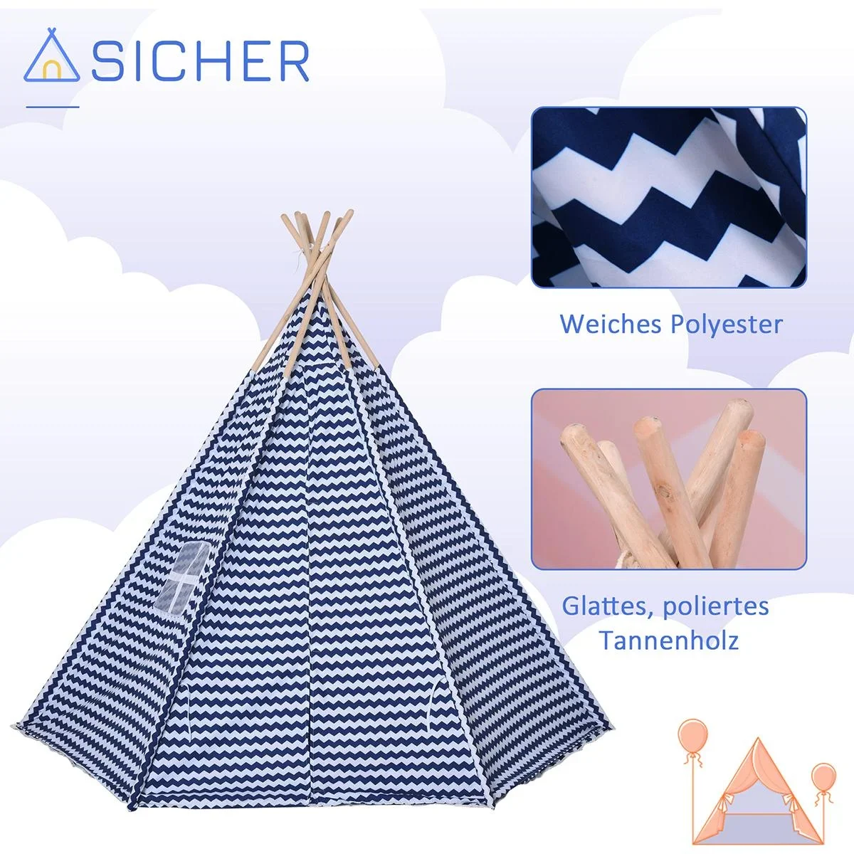 Tipi-Kinderzelt mit Bodenmatte blau, weiß - 4